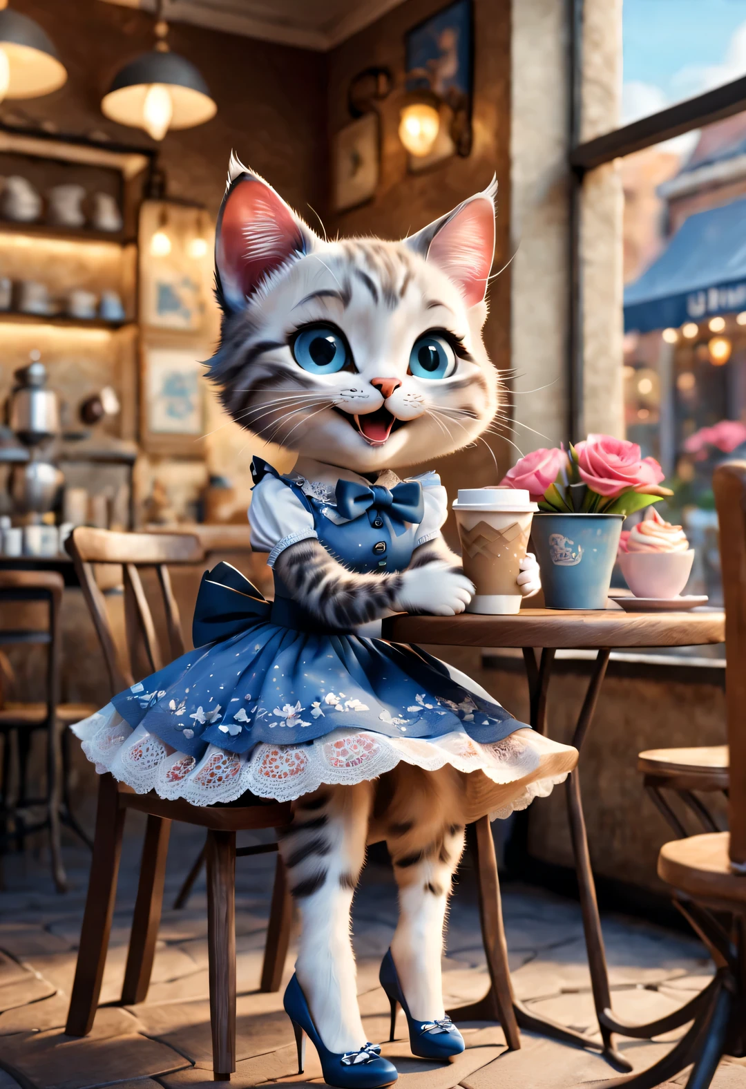 With folk art style,
 （A cute skinny kitten sitting in a cafe drinking coffee），（Smiling happily with open mouth），（Cat sitting with legs crossed），kitten wearing bow，Wearing a blue lace skirt and high heels，detailed details，beautiful details，urban cafe，flowers，Magazine，
，
3d rendering， cartoon，illustration，Pixar，cartoon，ultra high definition， high quality，32k，