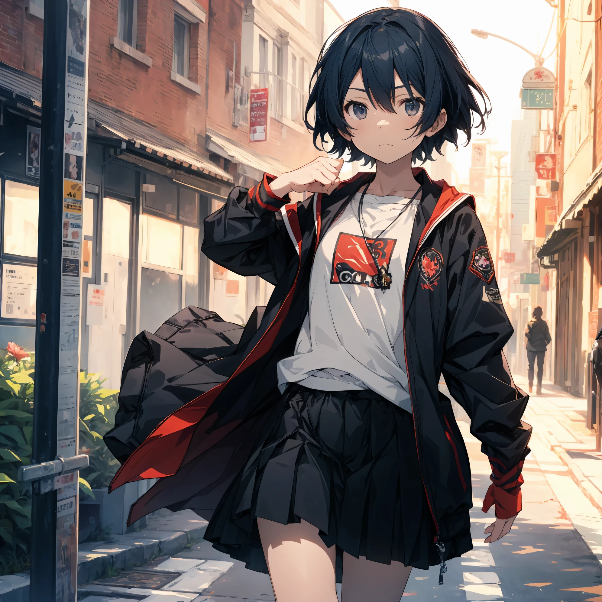 Super high quality by the art god, super detailed, High resolution,Shinkai Makoto style, anime moe art style, best anime 8K konachan wallpaper, pixiv contest winner, perfect anatomy, break,(眠そうにalone学校へ行く女の子を描いてください. ),break, surreal high school girl, (alone,lolita, , 13 years old:1.3),All limbs, full finger,, androgynous charm, (very short hair), messy hair, flat chest, , small ass, between legs, Small black eyes,beautiful and fine eyes, Well-proportioned iris and pupils, disgusted eyes, High resolutionの詳細な髪, wearing school uniform, (skirt), On the way to school. break,super dense skin, Best lighting by famous artists, 8K, figure,