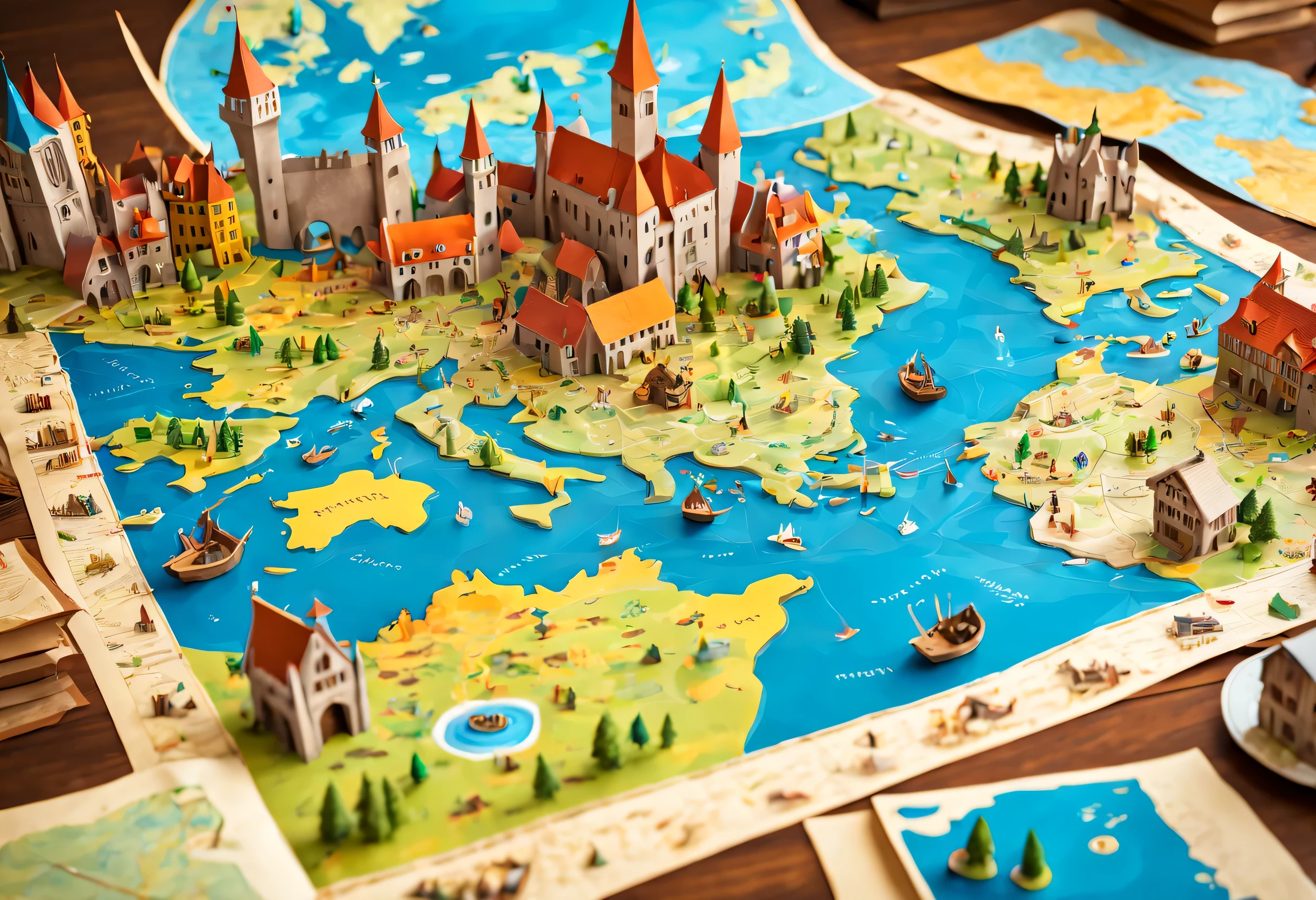 open map on desk,((medieval world map:old paper:vintage:antique:detailed)),map,Buildings and creatures pop out in 3D from a flat map:Detailed:colorful,fun,lively,masterpiece,reveal the world,Fusion of map and diorama,detailed,Be polite,dreams and adventure,fantasy,Fantastic,beautiful light and shadow,reality,dim,cool