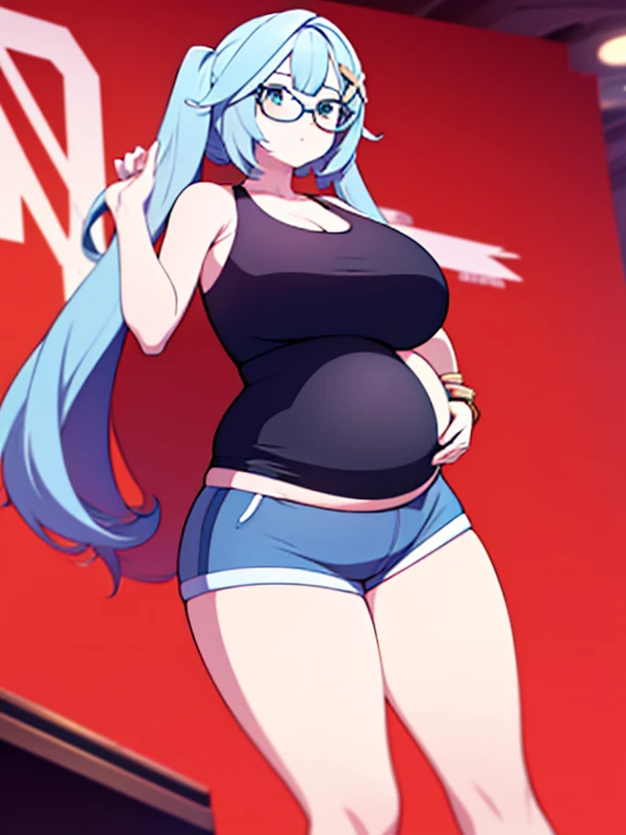 (Very high quality, detailed) A full body image of a pregnant girl wearing a sports bra, very thight shorts and glasses, she's standing barefoot and has very , long hair, a round belly and a pretty thick body. She has her hands on her belly and her belly is uncovered
