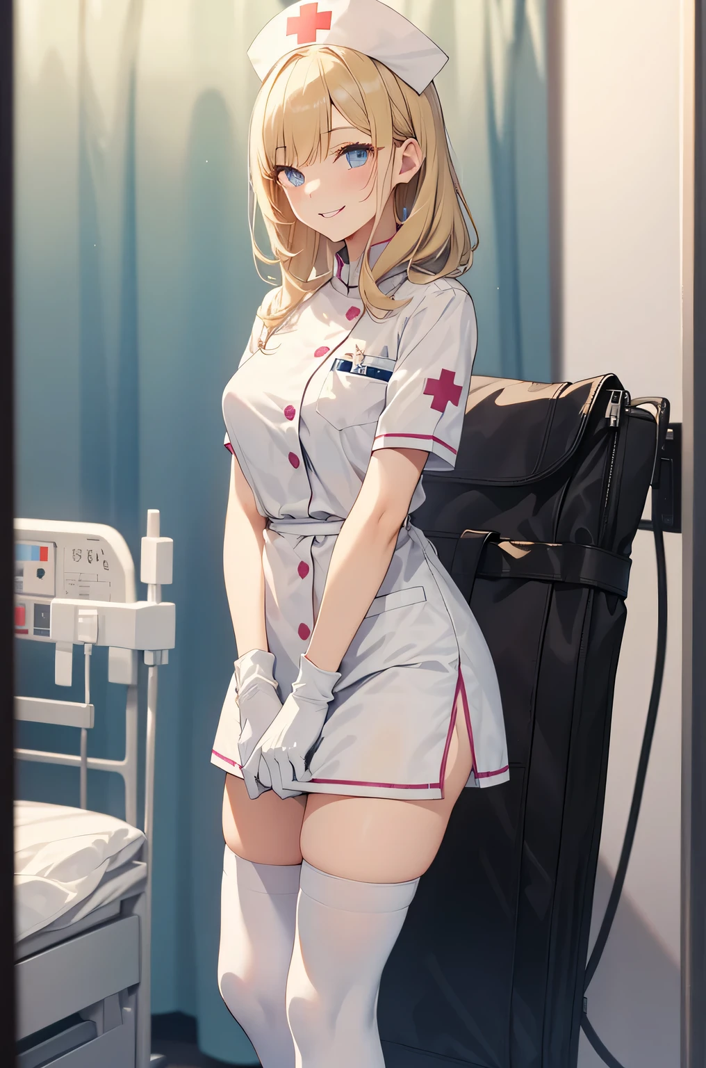 1 female, alone, nurse, nurse cap, Whiteware, ((white legwear, zettai ryouiki)), white gloves, blonde hair, blue eyes, pink lips, smile, Are standing, ((hospital room)), sharp outline, short sleeve, mature woman, 35 years old, highest quality, masterpiece