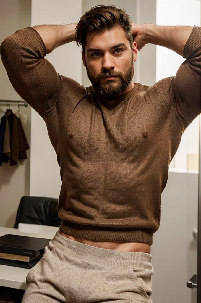 Create a muscular man in a sweater with short brown hair and a beard, His physique is very robust