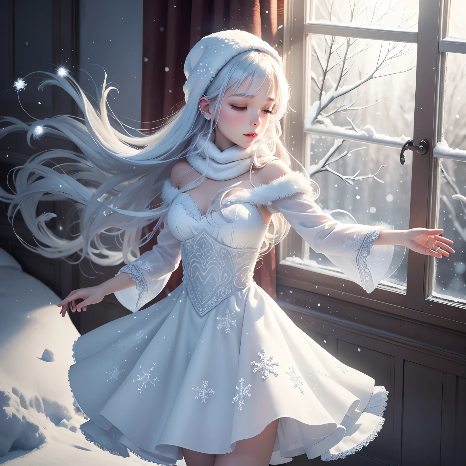 Snow was falling outside the window, swirling snowflakes in a dance.