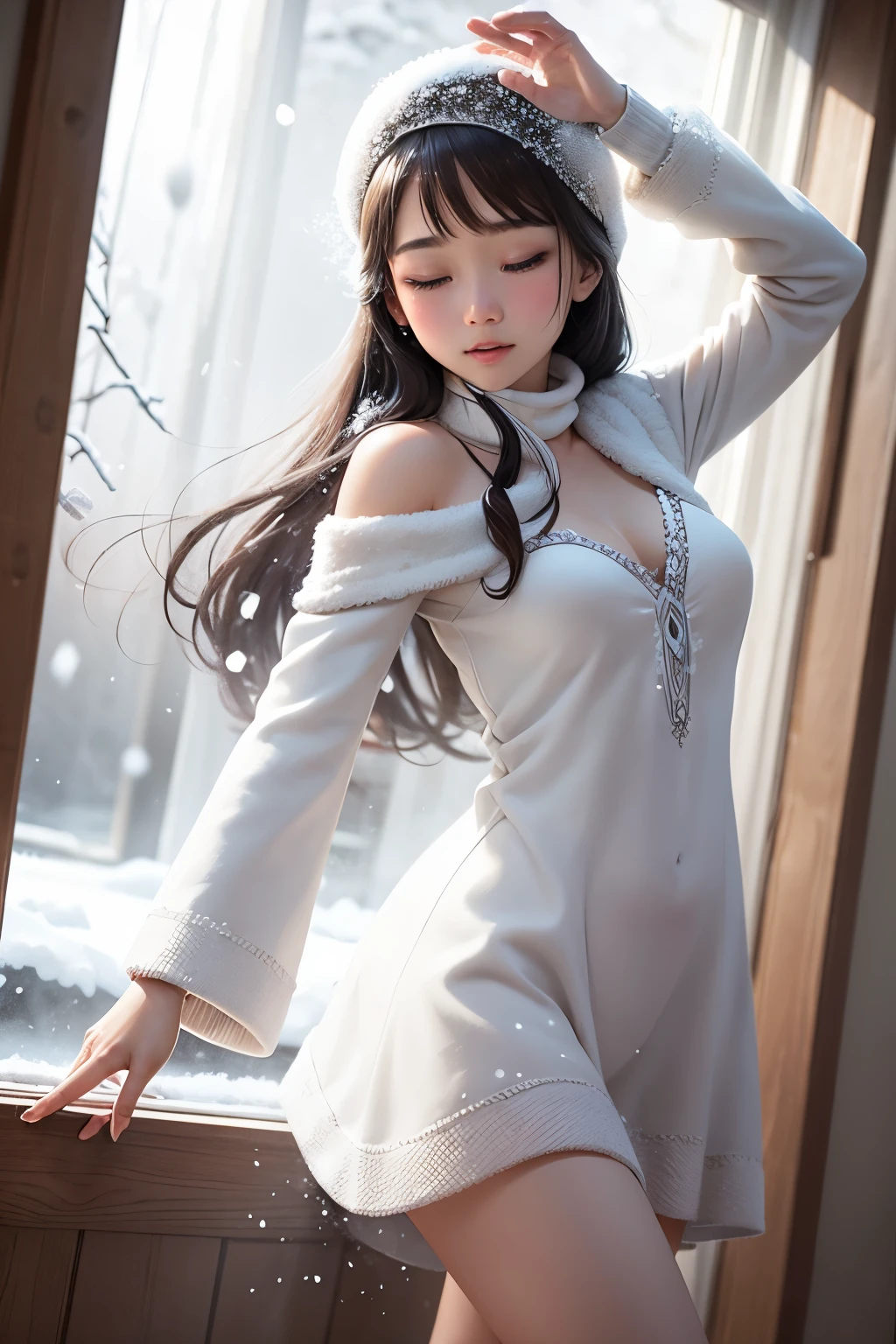 Snow was falling outside the window, swirling snowflakes in a dance.