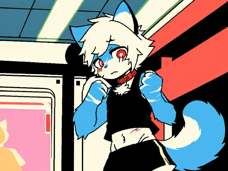 (4K,8k,best quality,meticulous details,DeliCate light,DeliCate short hair)Cat,white hair,There'a bit strange,black shorts,Big blue striped tail,Shota,Wrists covered with scars,Bloodshot eyes,Pink collar,crazy,In the subway station,Red filter,alone