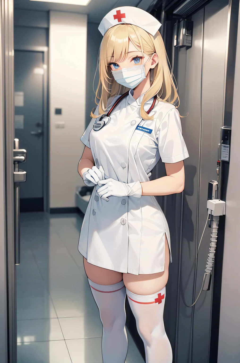 1 female, alone, nurse, nurse cap, Whiteware, ((white legwear, zettai ryouiki)), white gloves, blonde hair, blue eyes, ((White surgical mask, Covered nose)), Are standing, ((hospital room)), sharp outline, short sleeve, mature woman, 35 years old, highest quality, masterpiece