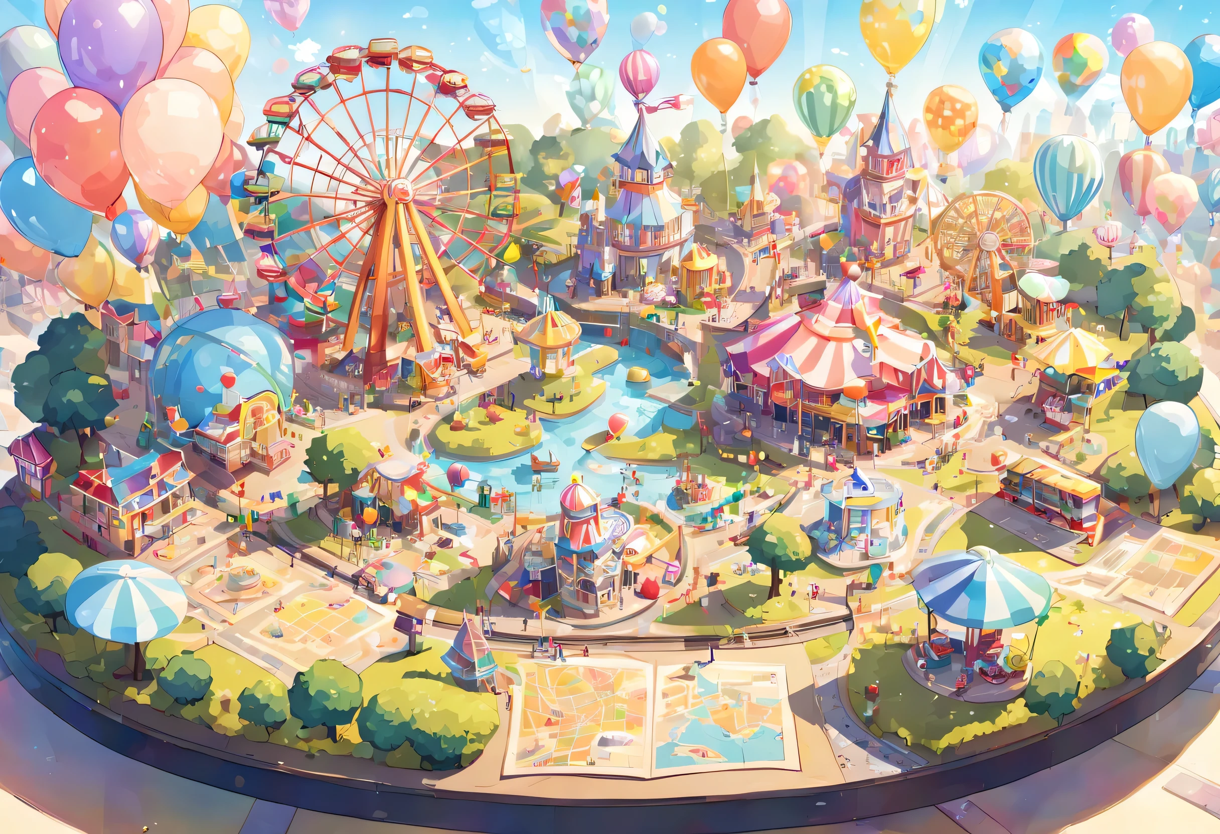 open map on desk,Amusement park map:paper,Guidance map,map,fun,Attractions pop out in three dimensions from a flat map,colorful,fun,rich colors,Ferris wheel,roller coaster,character in costume,baloons,Sparkling,star,flag,birdie,masterpiece,dream-like,be familiar with,fancy,fantasy,Be polite,diorama,cute,wonderful,Bright colors,Pop Color