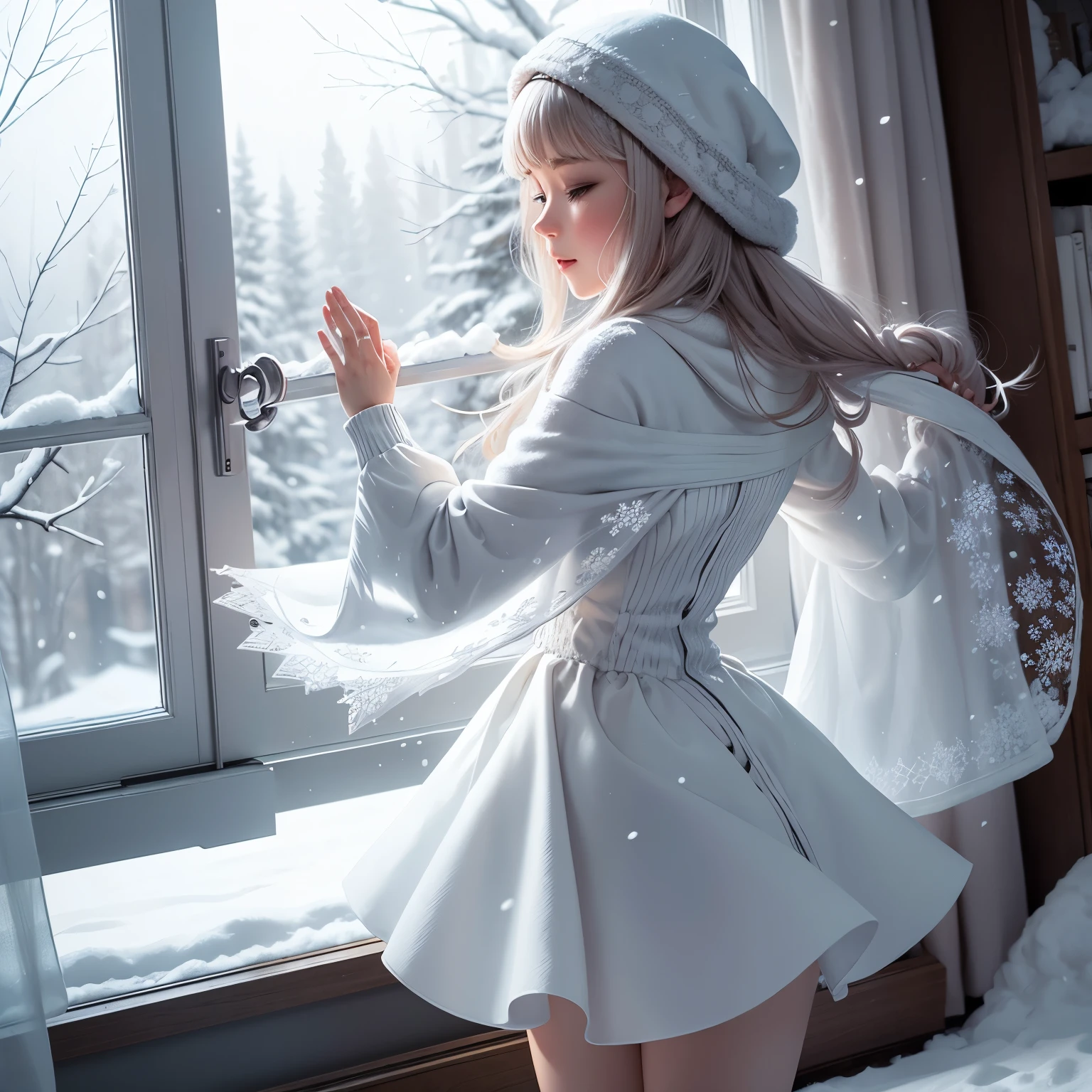 ((Little Huntress girl)) holding a rifle between her legs , battle pose,long red curling hair,((airy white sheer micro tiny dress)), sheer micro dress, risqué, snows,Cold,4K,Detailed,Realistic, (3 years old), ((age 3)), American, beautiful, beautiful face, small, short, sensual poses