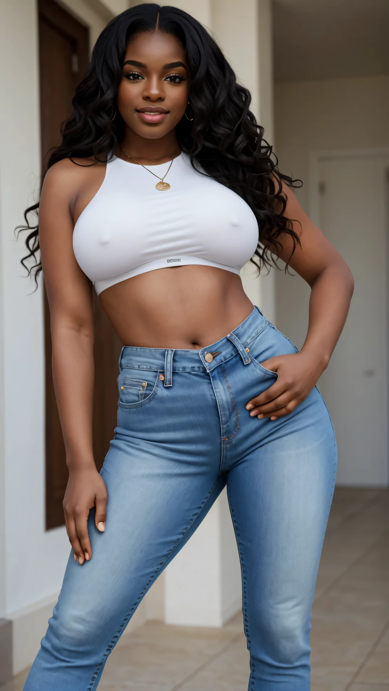 adorable (vivacious:1.3) 21 year old ebony woman with long, full, and fluffy white hair, wearing tight low-rise jeans, highleg panties thong,  shirtlift, huge breasts