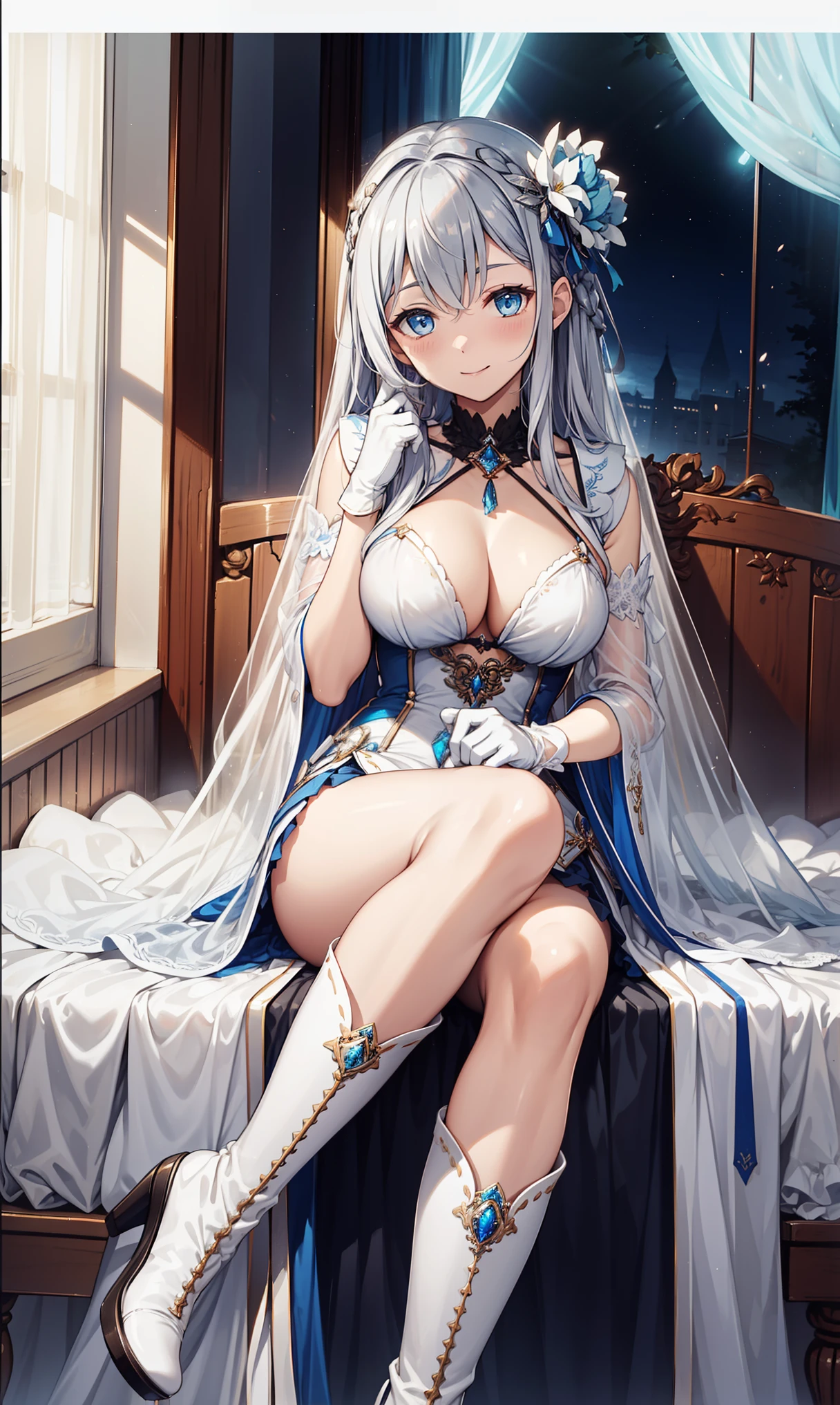 Virgin，Mild seduction，having fun，in love，(Magical transparent white dress)，black gloves，silver hair，blue eyes，see through transparent clothes，Delicate hair accessories，Transparent lace，Sky blue pattern，night，Beautifully dressed，bedroom，the only person，night，Carved suspender boots