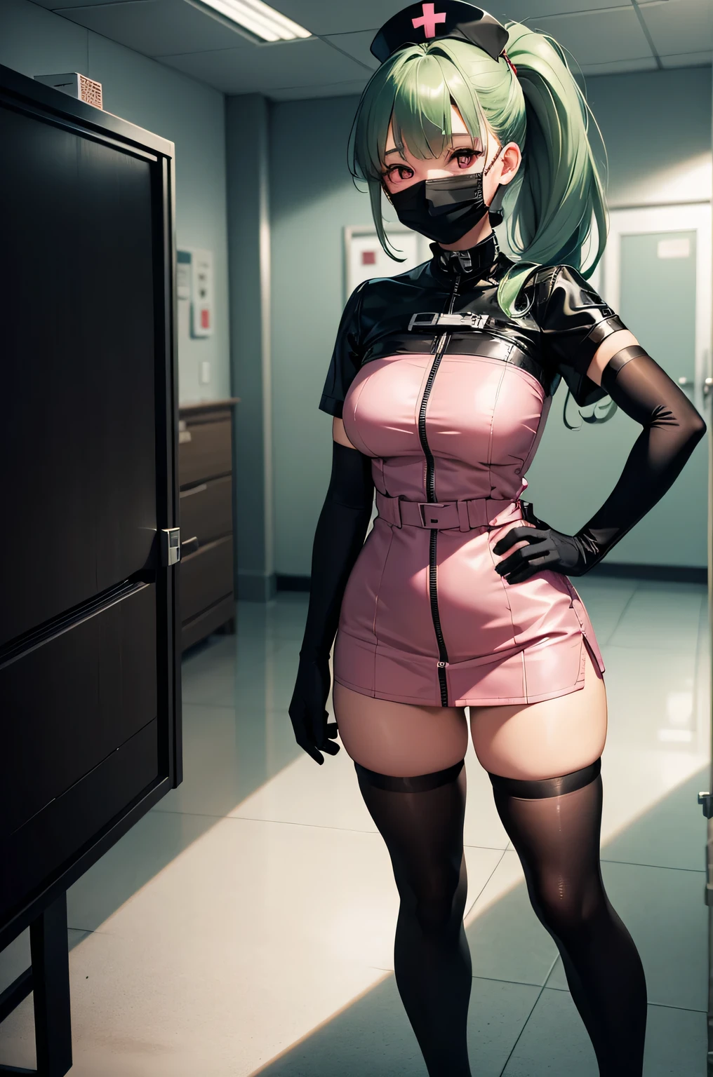 black nurse, 1 girl, alone, black nurse cap, Black Wear, ((black legwear, zettai ryouiki)), black elbow gloves, ponytail, green hair, pink eyes, ((Black surgical mask, Covered nose)), Are standing, ((operating room)), sharp outline, short sleeve, highest quality, masterpiece