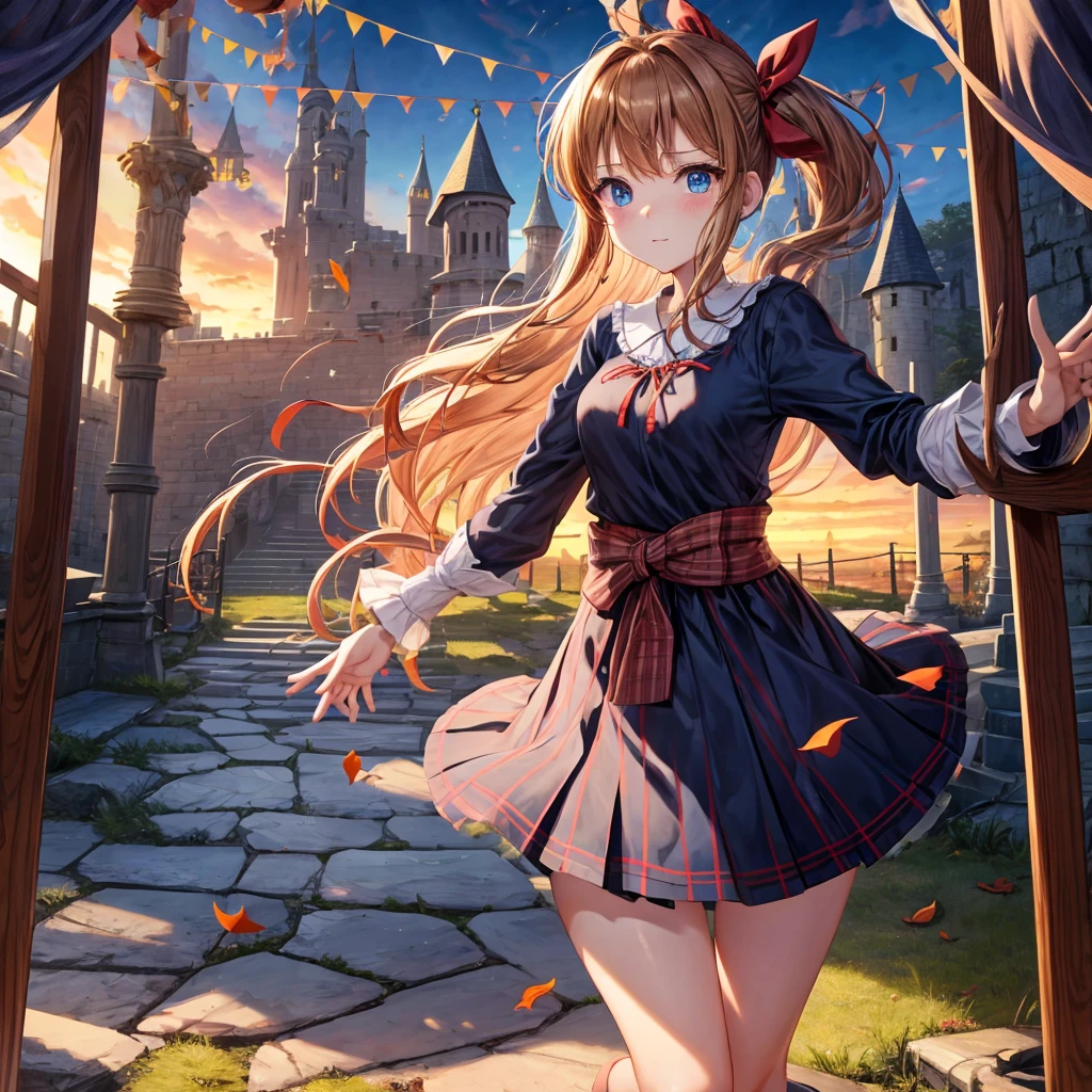 reddish-brown blonde、blue hair、blue eyes、ponytail、one good looking girl、solo、anime、Plaid miniskirt、camisole、black t-shirt、Tilting your face、Doing the ribbon、Ribbon at waist、sunset sky、broken stone steps、Remains、tunnel、Fallen leaves、Light and shadow、monster castle、corridor、One leg is raised、pinwheel、castle floating in the air、column、Jewelry box、flag、sparks fall、forest、Hand mirror、bondage、tall grass grows、cloak、devil stone statue