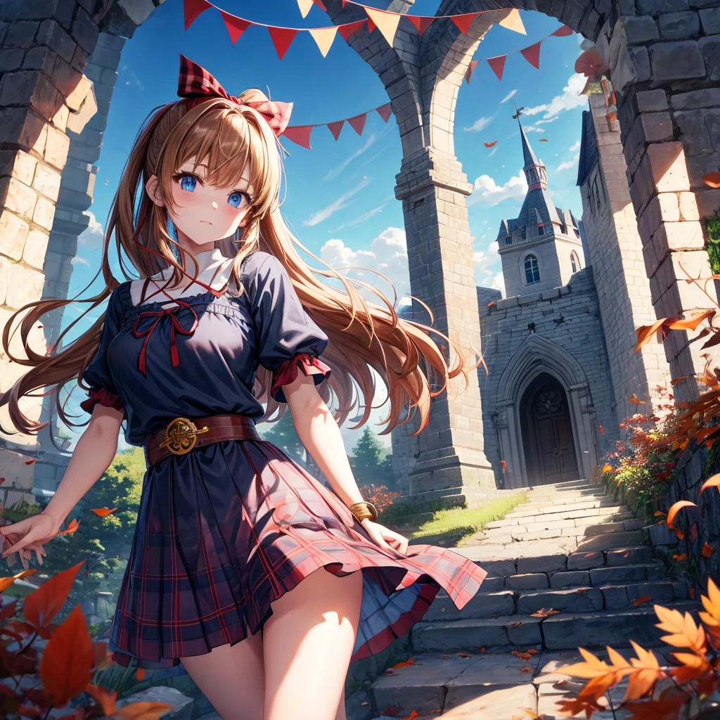 reddish-brown blonde、blue hair、blue eyes、ponytail、one good looking girl、solo、anime、Plaid miniskirt、camisole、black t-shirt、Tilting your face、Doing the ribbon、Ribbon at waist、sunset sky、broken stone steps、Remains、tunnel、Fallen leaves、Light and shadow、monster castle、corridor、One leg is raised、pinwheel、castle floating in the air、column、Jewelry box、flag、sparks fall、forest、Hand mirror、bondage、tall grass grows、cloak、devil stone statue