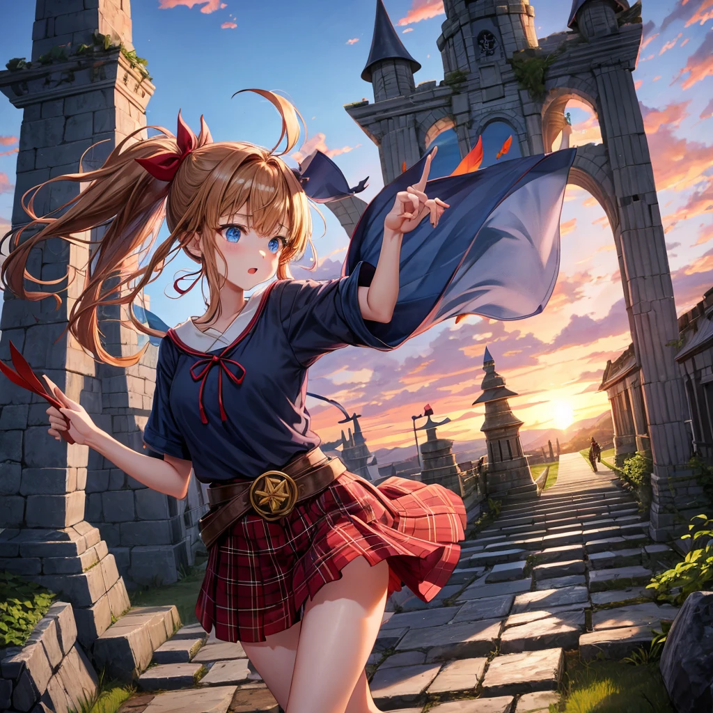 reddish-brown blonde、blue hair、blue eyes、ponytail、one good looking girl、solo、anime、Plaid miniskirt、camisole、black t-shirt、Tilting your face、Doing the ribbon、Ribbon at waist、sunset sky、broken stone steps、Remains、tunnel、Fallen leaves、Light and shadow、monster castle、corridor、One leg is raised、pinwheel、castle floating in the air、column、Jewelry box、flag、sparks fall、forest、Hand mirror、bondage、tall grass grows、cloak、devil stone statue