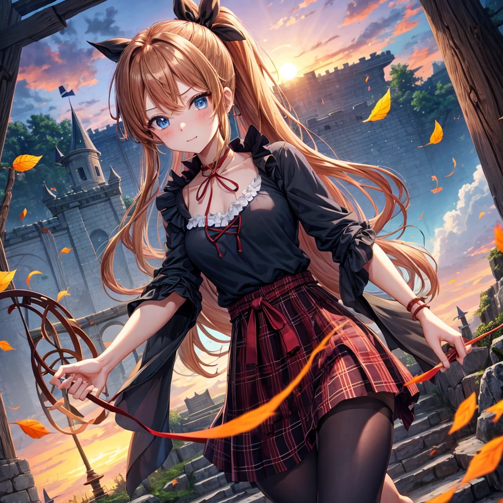 reddish-brown blonde、blue hair、blue eyes、ponytail、one good looking girl、solo、anime、Plaid miniskirt、camisole、black t-shirt、Tilting your face、Doing the ribbon、Ribbon at waist、sunset sky、broken stone steps、Remains、tunnel、Fallen leaves、Light and shadow、monster castle、corridor、One leg is raised、pinwheel、castle floating in the air、column、Jewelry box、flag、sparks fall、forest、Hand mirror、bondage、tall grass grows、cloak、devil stone statue