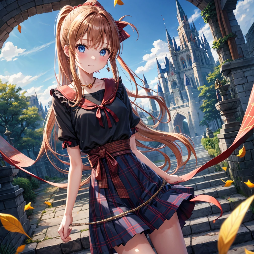 reddish-brown blonde、blue hair、blue eyes、ponytail、one good looking girl、solo、anime、Plaid miniskirt、camisole、black t-shirt、Tilting your face、Doing the ribbon、Ribbon at waist、sunset sky、broken stone steps、Remains、tunnel、Fallen leaves、Light and shadow、monster castle、corridor、One leg is raised、pinwheel、castle floating in the air、column、Jewelry box、flag、sparks fall、forest、Hand mirror、bondage、tall grass grows、cloak、devil stone statue