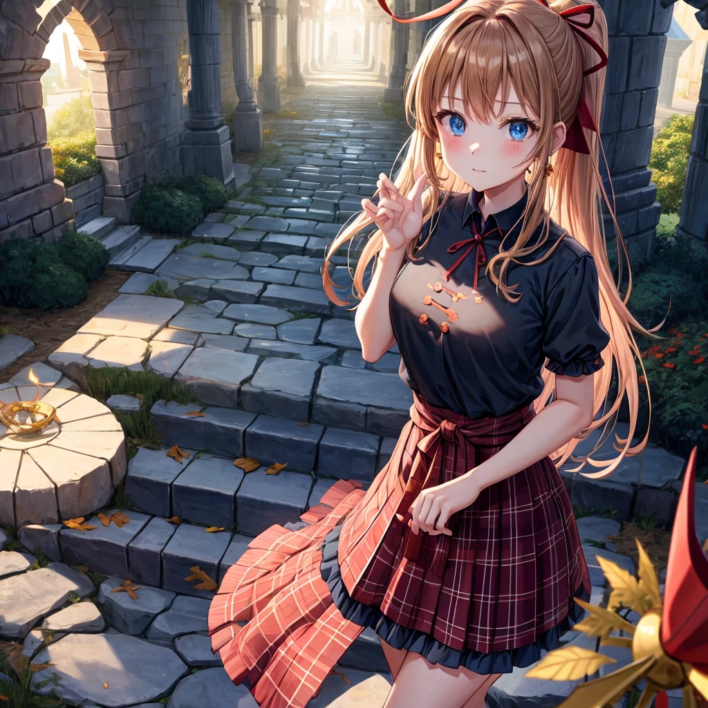 reddish-brown blonde、blue hair、blue eyes、ponytail、one good looking girl、solo、anime、Plaid miniskirt、camisole、black t-shirt、Tilting your face、Doing the ribbon、Ribbon at waist、sunset sky、broken stone steps、Remains、tunnel、Fallen leaves、Light and shadow、monster castle、corridor、One leg is raised、pinwheel、castle floating in the air、column、Jewelry box、flag、sparks fall、forest、Hand mirror、bondage、tall grass grows、cloak、devil stone statue