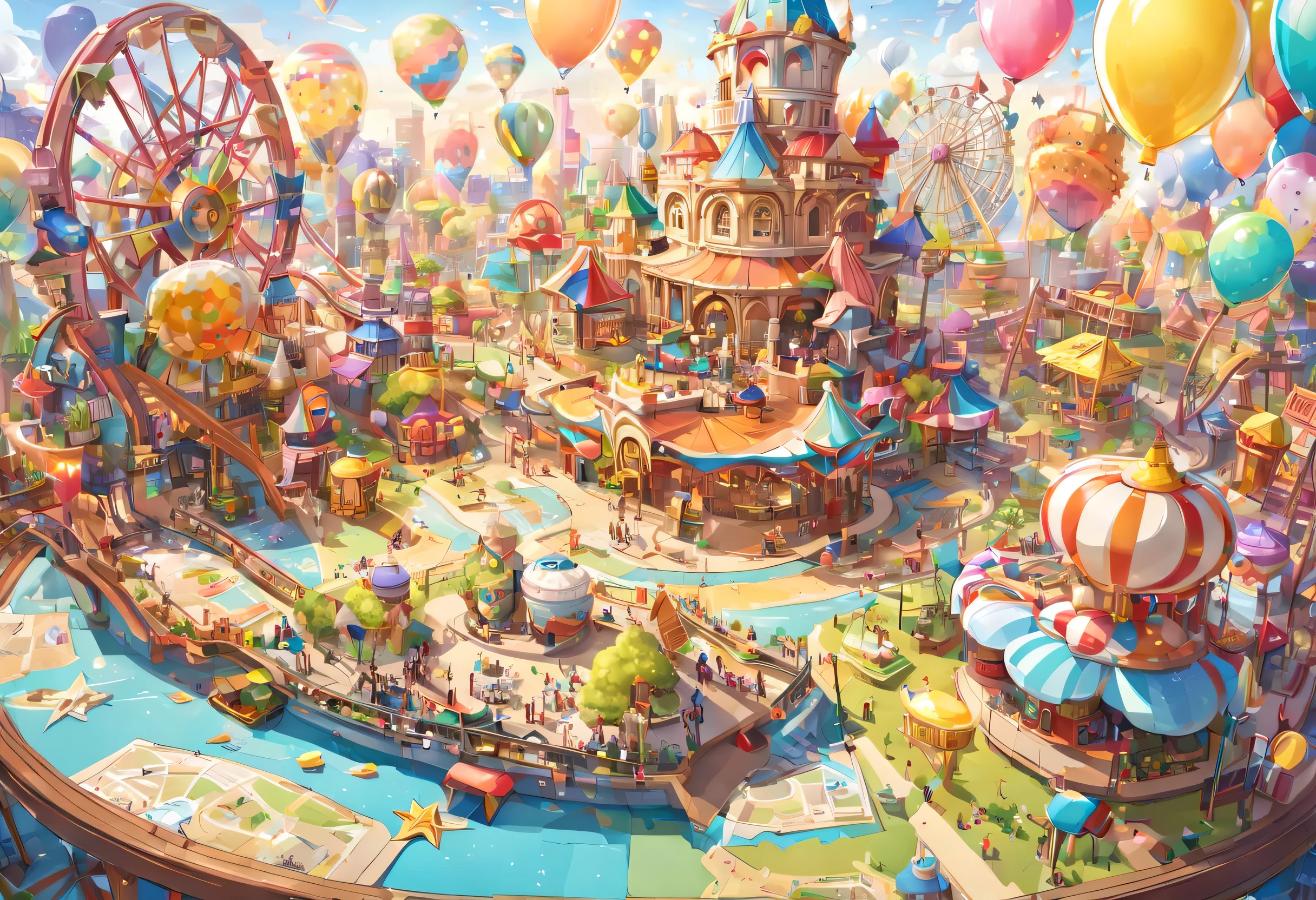 open map on desk,Amusement park map:paper,Guidance map,map,fun,Attractions pop out in three dimensions from a flat map,colorful,fun,rich colors,Ferris wheel,roller coaster,character in costume,baloons,Sparkling,star,flag,birdie,masterpiece,dream-like,be familiar with,fancy,fantasy,Be polite,diorama,cute,wonderful
