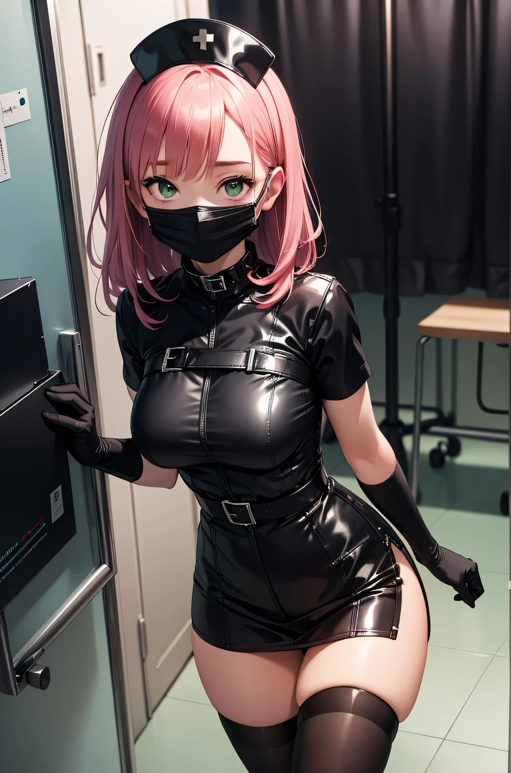 black nurse, 1 girl, alone, black nurse cap, Black Wear, ((black legwear, zettai ryouiki)), black elbow gloves, pink hair, green eyes, droopy eyes, ((Black surgical mask, Covered nose)), Are standing, ((operating room)), sharp outline, short sleeve, highest quality, masterpiece