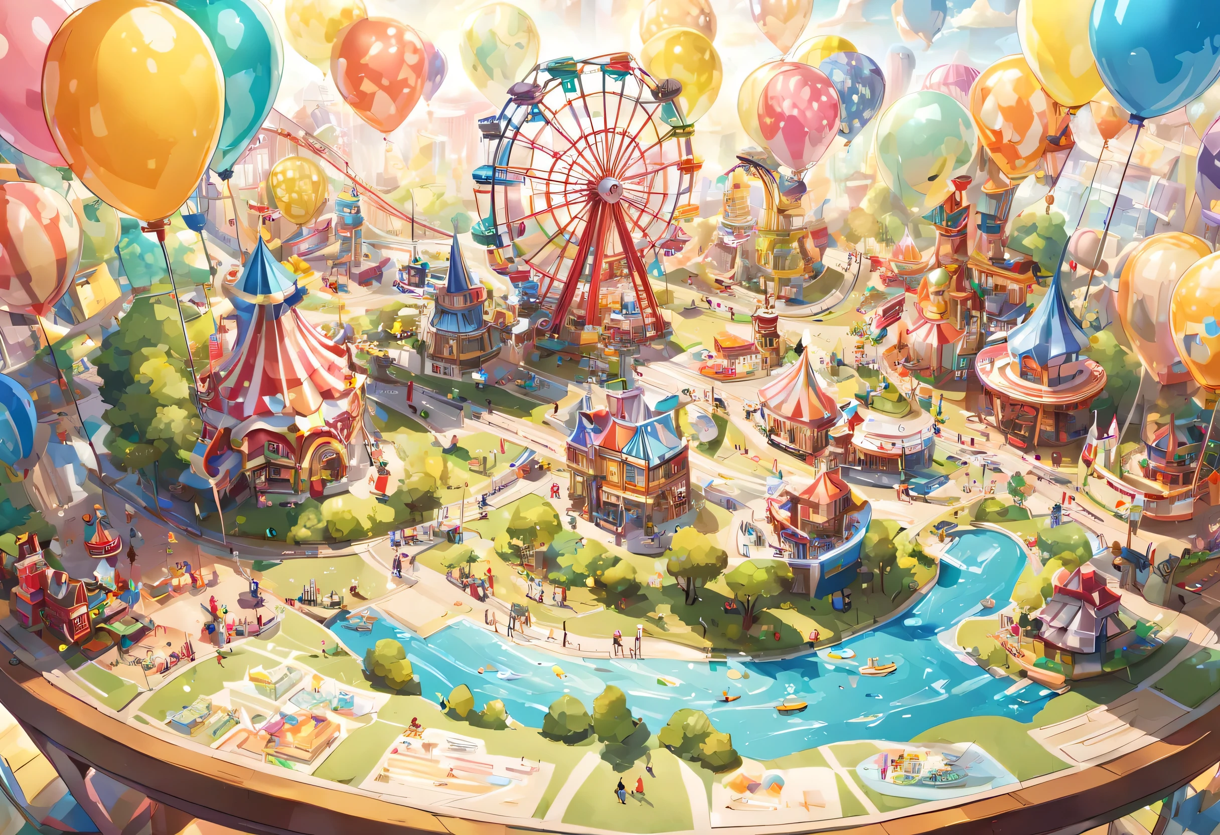 open map on desk,Amusement park map:paper,Guidance map,map,fun,Attractions pop out in three dimensions from a flat map,colorful,fun,rich colors,Ferris wheel,roller coaster,character in costume,baloons,Sparkling,star,flag,birdie,masterpiece,dream-like,be familiar with,fancy,fantasy,Be polite,diorama,cute,wonderful