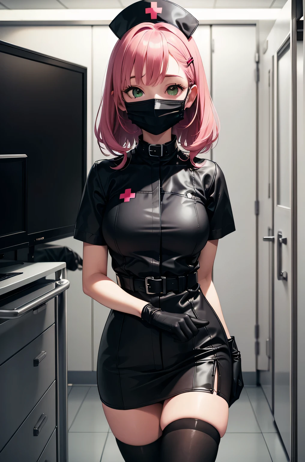 black nurse, 1 girl, alone, black nurse cap, Black Wear, ((black legwear, zettai ryouiki)), black elbow gloves, pink hair, green eyes, droopy eyes, ((Black surgical mask, Covered nose)), Are standing, ((operating room)), sharp outline, short sleeve, highest quality, masterpiece