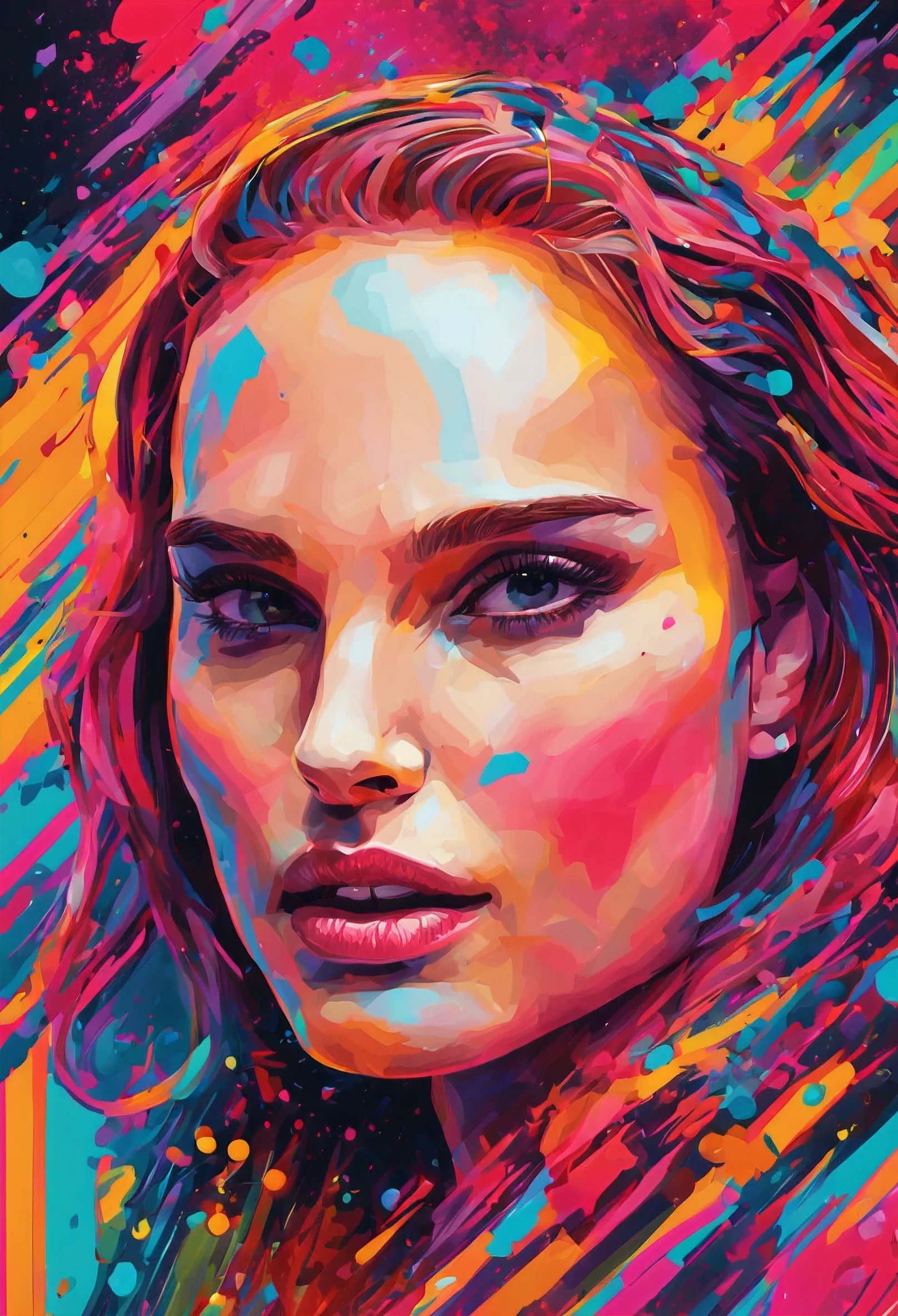 a painting of Natalie Portman with bright hair and bright makeup, vibrant neon inks painting, vibrant digital painting, vibrant digital art, colorful art, art of alessandro pautasso, vibrant pop art, jen bartel, colorful digital art, colorful painting, colorful digital painting, hyper color digital art, vibrant painting, full color digital art, colorful drawing, vibrant fan art, tth1es3nxl