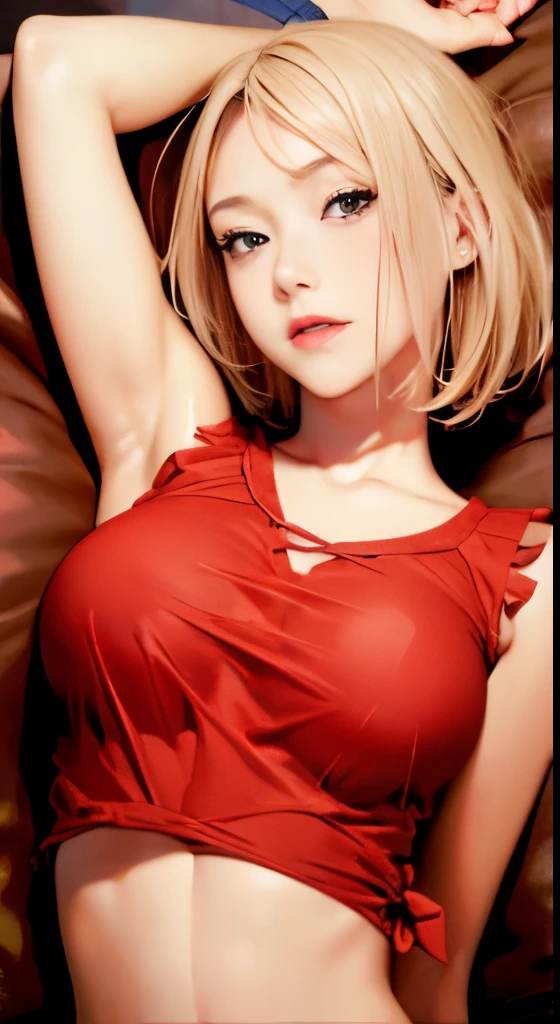 (masterpiece, top quality, absurdity: 1.3), illustration, medium bob, (subjective hands), grabbing breasts, cute girl, close-up, upper body, short hair, loose red shirt, bed,