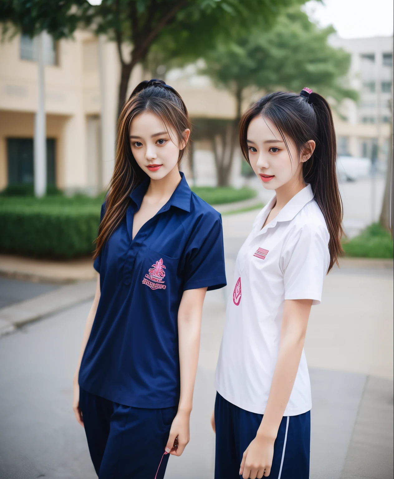 2 girls in fitness center, Navy blue short-sleeved shirt,Navy Long Trackpant,Sweatpants, Sweatpantsขายาว,25 year old girl, lesbian, sexy, exercise clothes, wet body