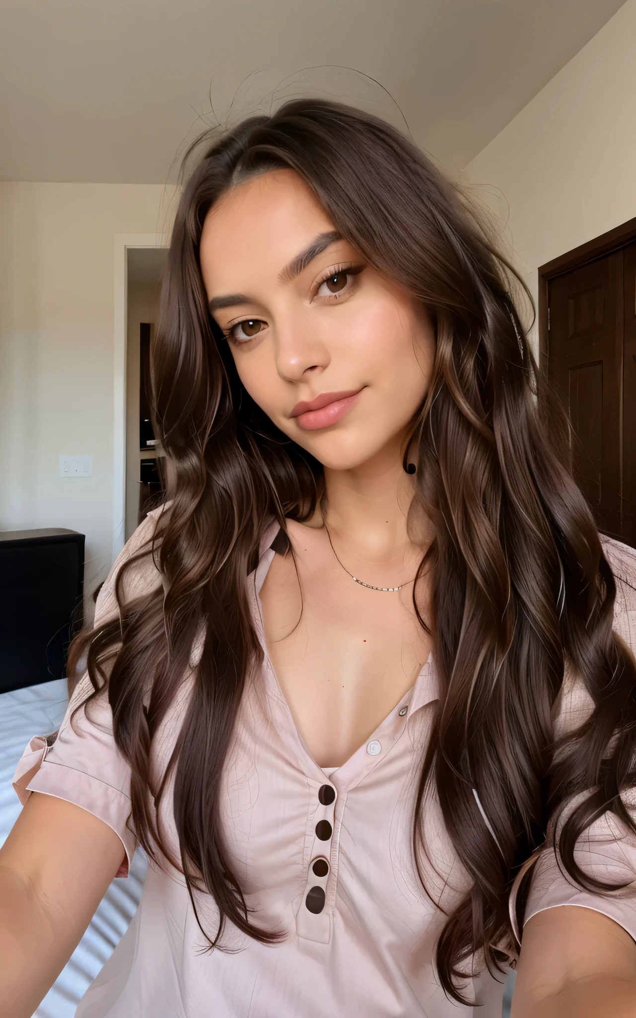 1 femme, Long Wavy Hair, dark brown eyes, top, Chambre, Selfie