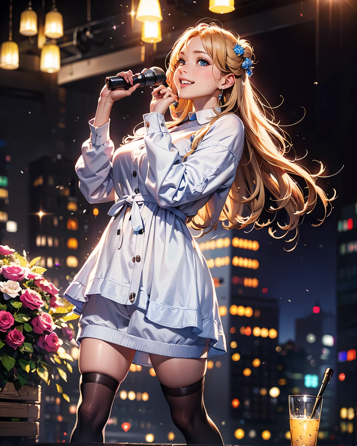 (table top), sexy、Natural light, realistic, camel toe, diffused shine, written boundary depth, professional lighting、Big eyes、eyes are blue、blonde、Russia、Live venue、microphone on right hand、A big smile、