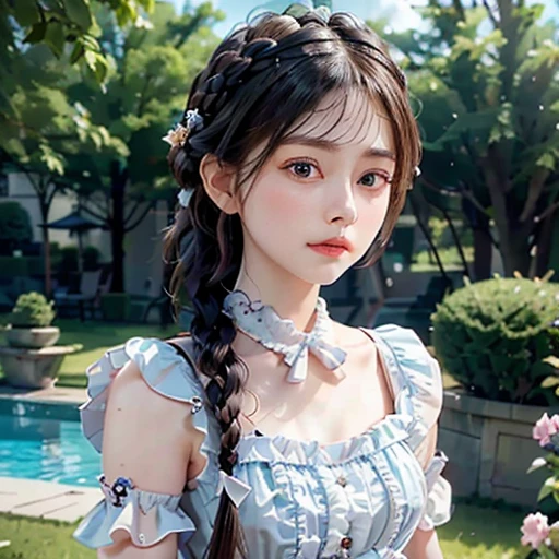 highest quality, ultra nothing, realistic, beautiful woman pictures, s in their 20s, detailed face, black dutch braid with a twist, (detailed porcelain dolls,Delicate clothes with lots of frills and ribbons), Mansion Pool, (close up face), fascinating look, looking at the viewer