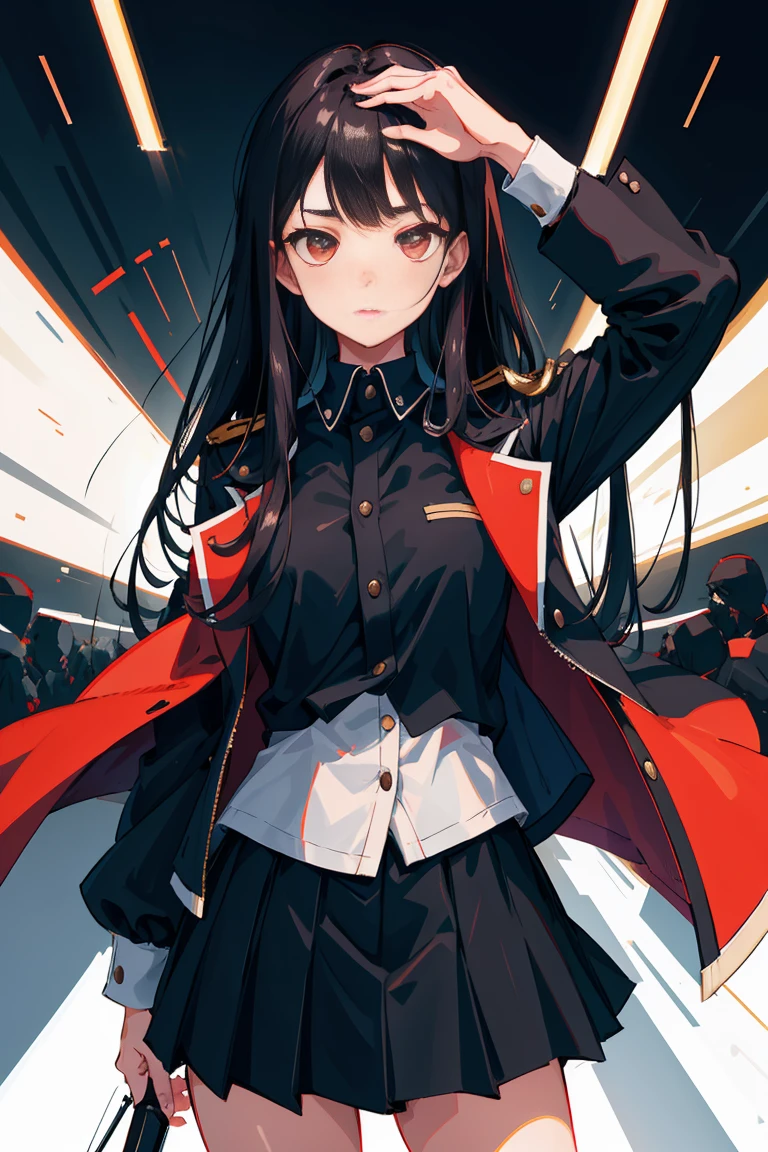 Beautiful girl with long dark hair in a black skirt and uniform jacket, Super sharp 8K masterpiece, make eye contact with your audience.