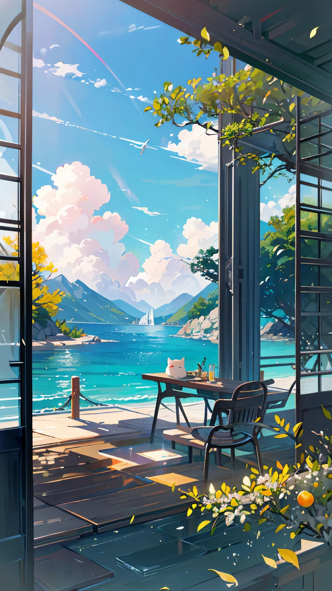 The healing cute style of natural scenery, the cute animal image with thin-rimmed metal-framed glasses, the warm and bright sunny atmosphere in the background, and the beautiful scene of leisure.