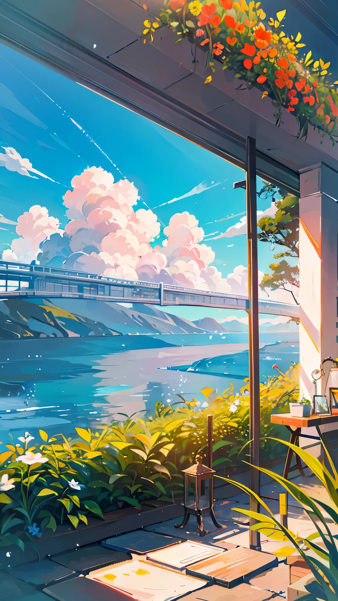 Anime-style landscape,hiyao miyazaki,((highest quality)),Shiny,scenecy,without humans,Skysky,Block clouds,exteriors,(The glow of the setting sun),