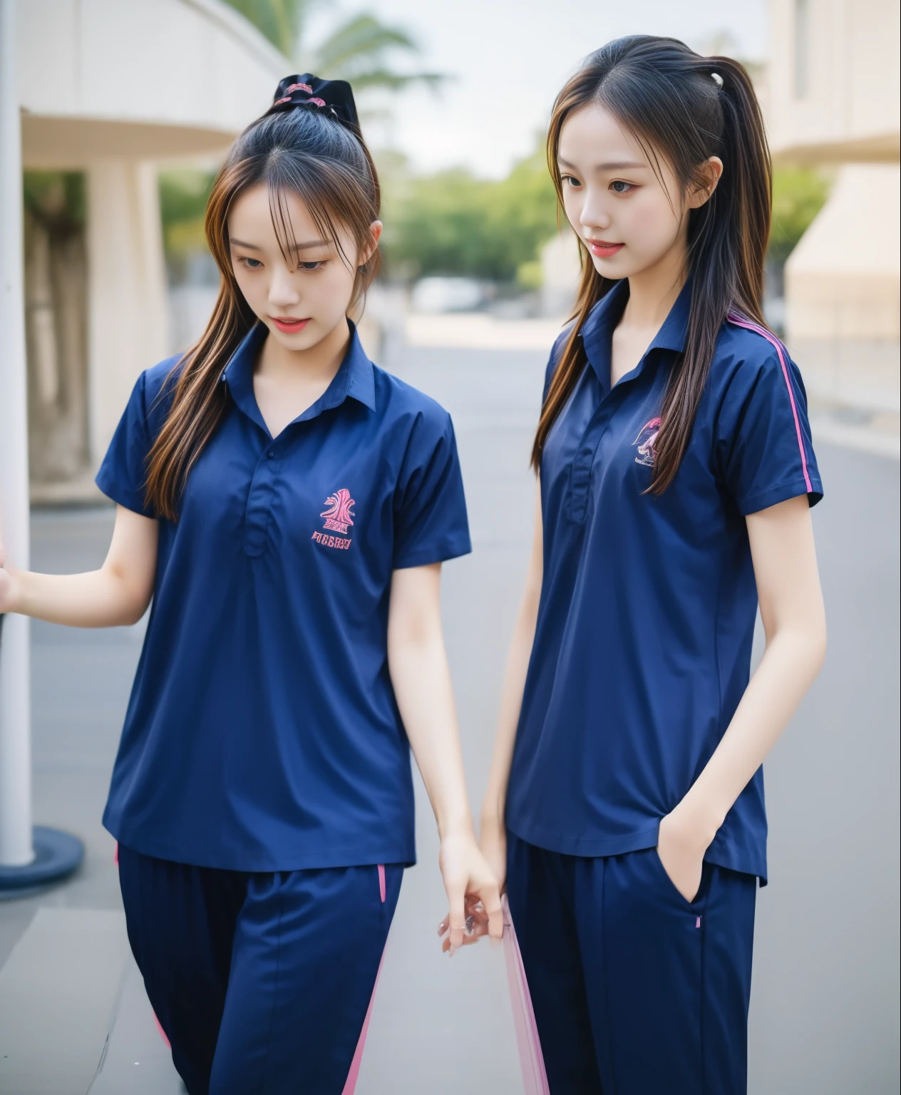 Two girls playing badminton in the gym, Navy blue short-sleeved shirt,Navy Long Trackpant,Sweatpants, Sweatpantsขายาว,25 year old girl, lesbian, sexy, exercise clothes, wet body, exercise clothes