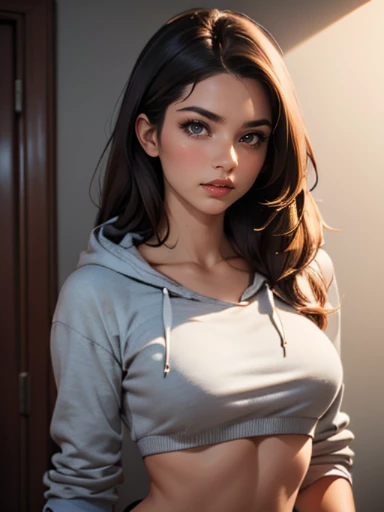 (((HD photo))), ultra high res.photorealistic:. 1.4, UHD, masterpiece, trending on artstation, upper body shot, pretty, cute girl, most beautiful in the world, perfect hips, soft, delicate, long dark hair, slim body, large sagging breasts, wearing grey hoodie, sunkissed, apartment interior background