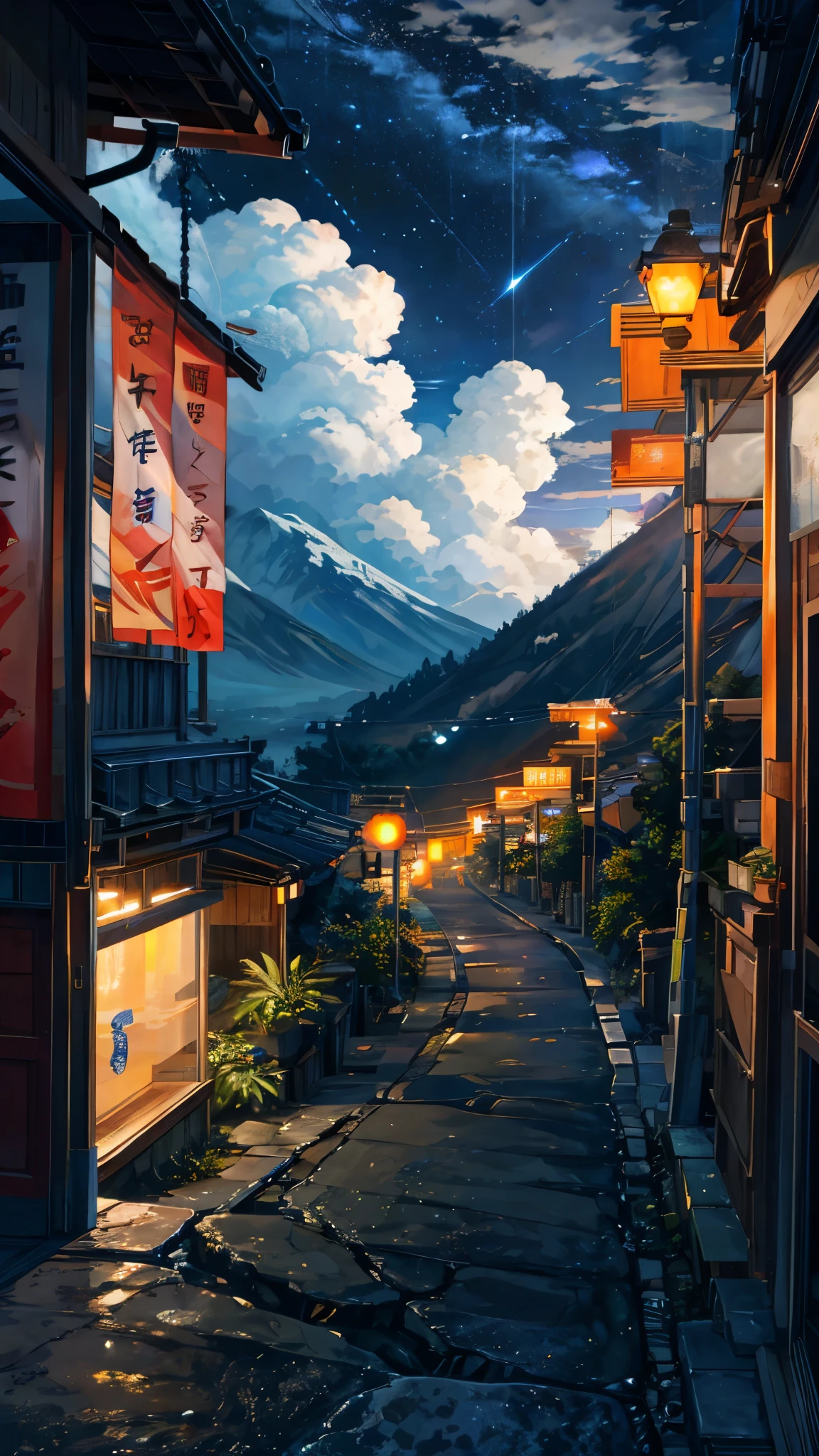 clouds,The road down the mountain,straight,Duan,pathway, starrysky,during night, Moonshine fragrance