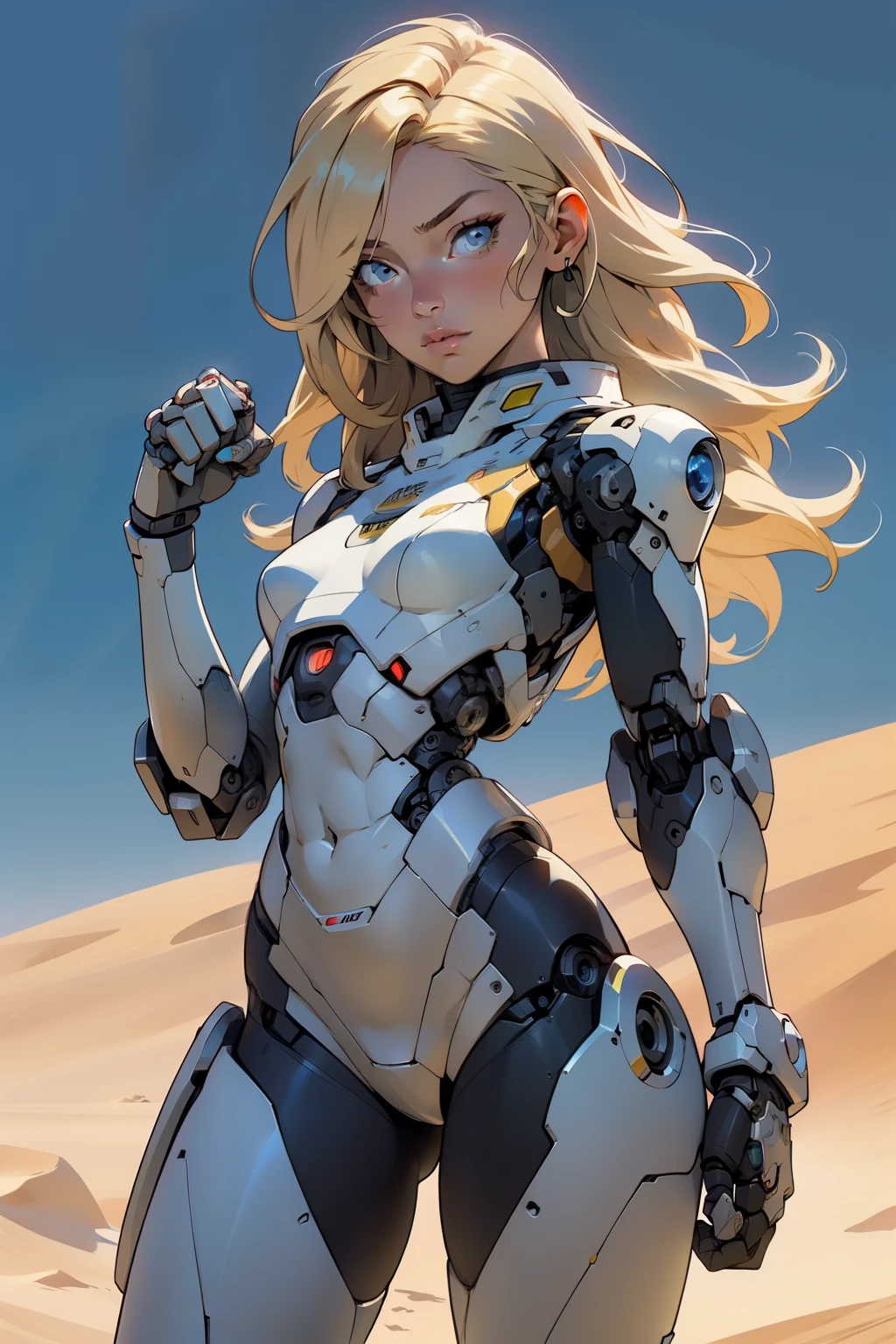 high quality, 4k, masterpiece, beautiful, cyborg girl, cowboy shot, dull eyes, looking at viewer, long blonde hair, girl, small breasts, fit thigh, robotic arms, robotic body, cyborg body, yellow accent, intricate detail, joint, detailed lines, robotic detail, holding fist up, holding hand up as fist, color robotic parts, robotic parts with color, perfect fingers, on a desert planet, sunny background, colorful desert,