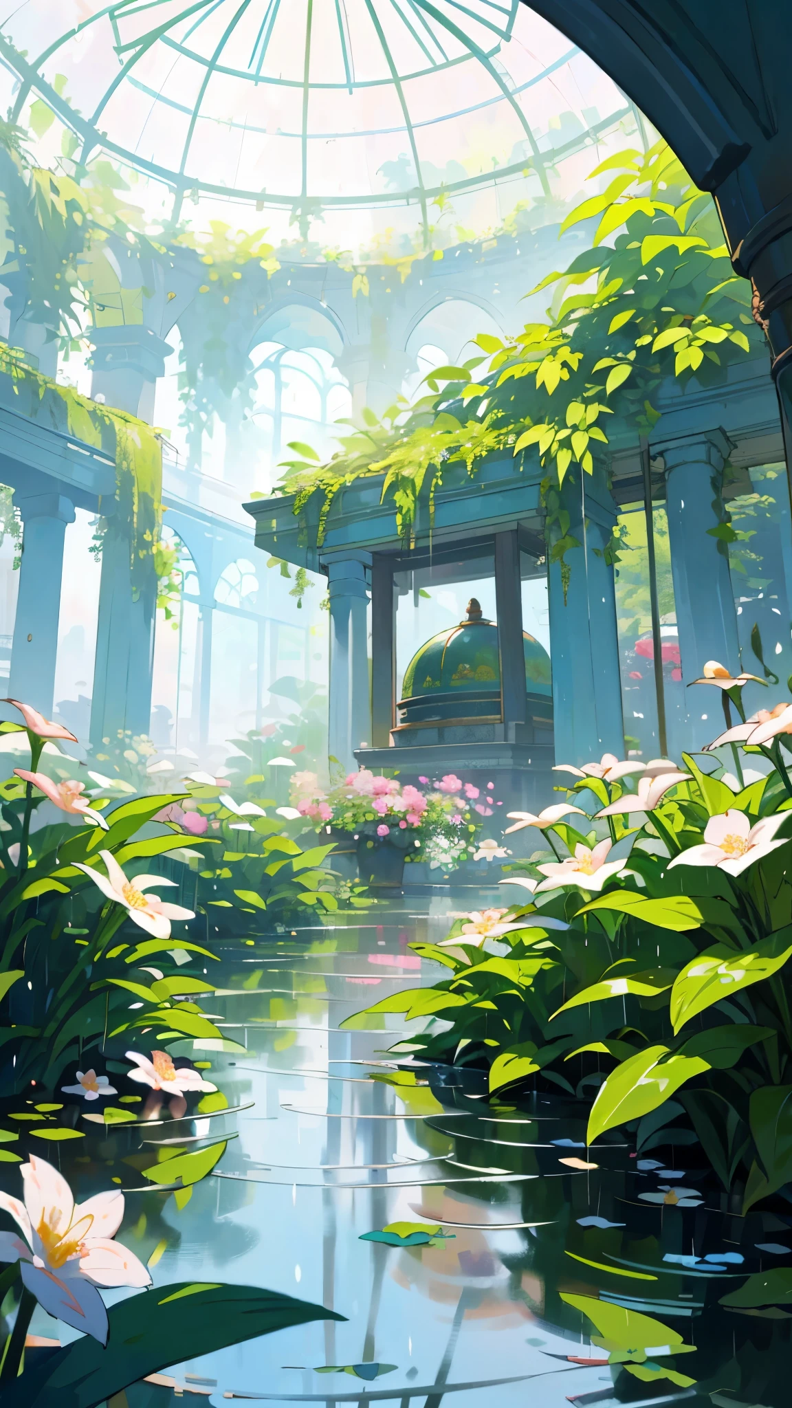 (top quality, masterpiece, ultra-realistic), rainy day, raining, wet ground, puddle, indoor botanical garden, dome, lots of flowers, dense mass plants, the background landscape is a garden with petals and puffs flying around. --v6