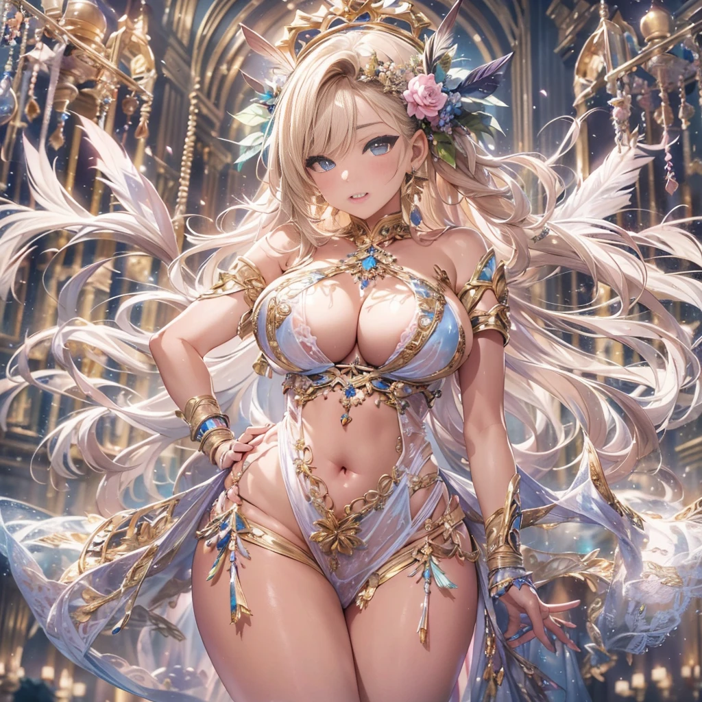 beautiful美しさ, 3D two-dimensional, rich, blonde, skirt, stockings, high heels, poison、star、star、(Highly detailed CG Unity 8K wallpaper),(masterpiece), (最high quality), (Super detailed), (best illustrations),(best shadow), (sharp eyeliner, eye shadow, fine eye:1.1), (超High resolution,realistic,最high quality,realistic),(8K,RAW photo,最high quality,マstarプル),mature woman、sensual curves、huge breasts、thighs、bubble、お尻のmasterpiece, 最high quality, Super detailed, full body shot, mature woman, beautiful mature woman, nightgown and underwear, enchanting smile, thick lips, Chubby lips, blush, looking at the viewer, provocative expression, beautiful髪型, cleavage, Plump、curvy hips、attractive face、sexy lingerie、an inviting gaze、Expression of emotions、Lewd underwear、(((erotic see-through lingerie set)))、Standing position、gorgeous accessories 、big breastsの女性, bare shoulders, golden hair, colored feather, metal ornaments, colored flowers, particle, light, (masterpiece, 最high quality, 最high quality, official art, beautiful and aesthetic:1.2), (1 girl:1.3), very detailed,(fractal art:1.1),(colorful:1.1)、(flowers:1.3),most detailed,(zentangle:1.2), (dynamic pose), (abstract background:1.3), (shiny skin), (lots of colors :1.4), ,(earrings:1.4), (feather:1.4),masterpiece, 最high quality, Super detailed, 30~40 years, full body shot, beautiful 、various hairstyles，gold headband，plump breasts，beautiful butt，greek clothing，Tulle covers the breasts，perfectly proportioned, detailed clothing details,marble，god statue，cinematic lighting, film grain, Fuji color, 8K, masterpiece, Super detailed, high detail, high quality, High resolution,(((NSFW:1.2)))、exposed chest、Openwork decoration，(((see through dress)))、(((anatomically correct body))) , 最high quality, Super detailed, (((Lewd underwear)))、raise your butt, from below, (((R-18)))、Hakari、thighs, big breasts, Are standing, cowboy shot, blush, (((1 girl))), (masterpiece:1.3), (High resolution), (8K), (very detailed), perfect face, Nice eye and face, (((最high quality))), (Super detailed), detailed face and eye, (alone), High resolution、beautifuleye,(((sexy pose)))、(((整ったbig breasts)))、((beautiful eye))、luxury、(((超High resolution)))、(((detailed description)))、(((Chubby body type)))、(((Body parts that match the anatomy)))、beautiful長いまつ毛、balanced figure、２book arm、2 feet、Just the right size for your legs and arms、Fishnet tights、glamorous、(((Clear white and black eye)))、lipstick、Sparkling、Undistorted face, eye, and body、jewelry、gem