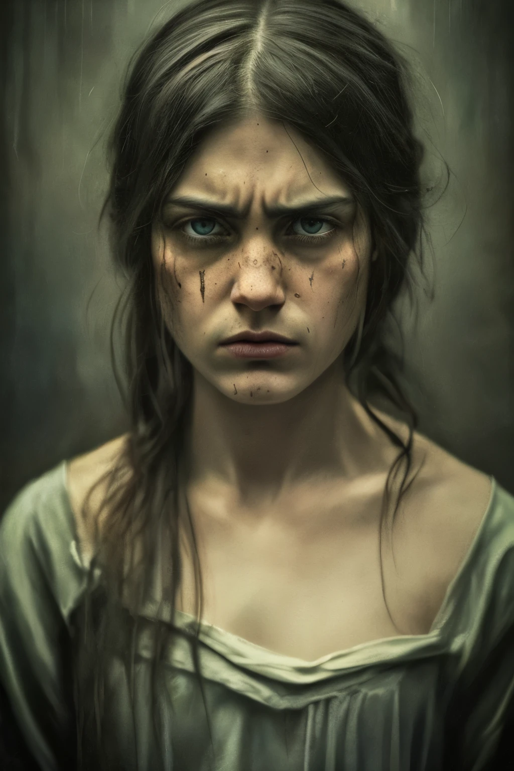 A hauntingly realistic painting of an angry and sad human figure, immersed in a dimly lit, ominous realm. The human's expressive, sad eyes glisten with tears, while furrowed brows and clenched jaw portray a deep sense of anger. The colors used are muted and desaturated, creating a somber and melancholic mood. The painting style is reminiscent of expressionist art, with heavy brushstrokes and bold, impasto textures. 8k resolution.
A hyper-realistic painting of a human figure, both angry and sad, set against a backdrop of a dark and ominous realm. The figure's facial expressions