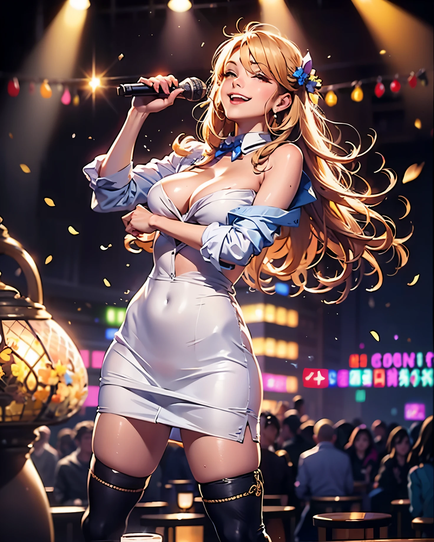 (table top), sexy、Natural light, realistic, camel toe, diffused shine, written boundary depth, professional lighting、Big eyes、eyes are blue、blonde、Russia、Live venue、microphone on right hand、A big smile、one eye is closed、