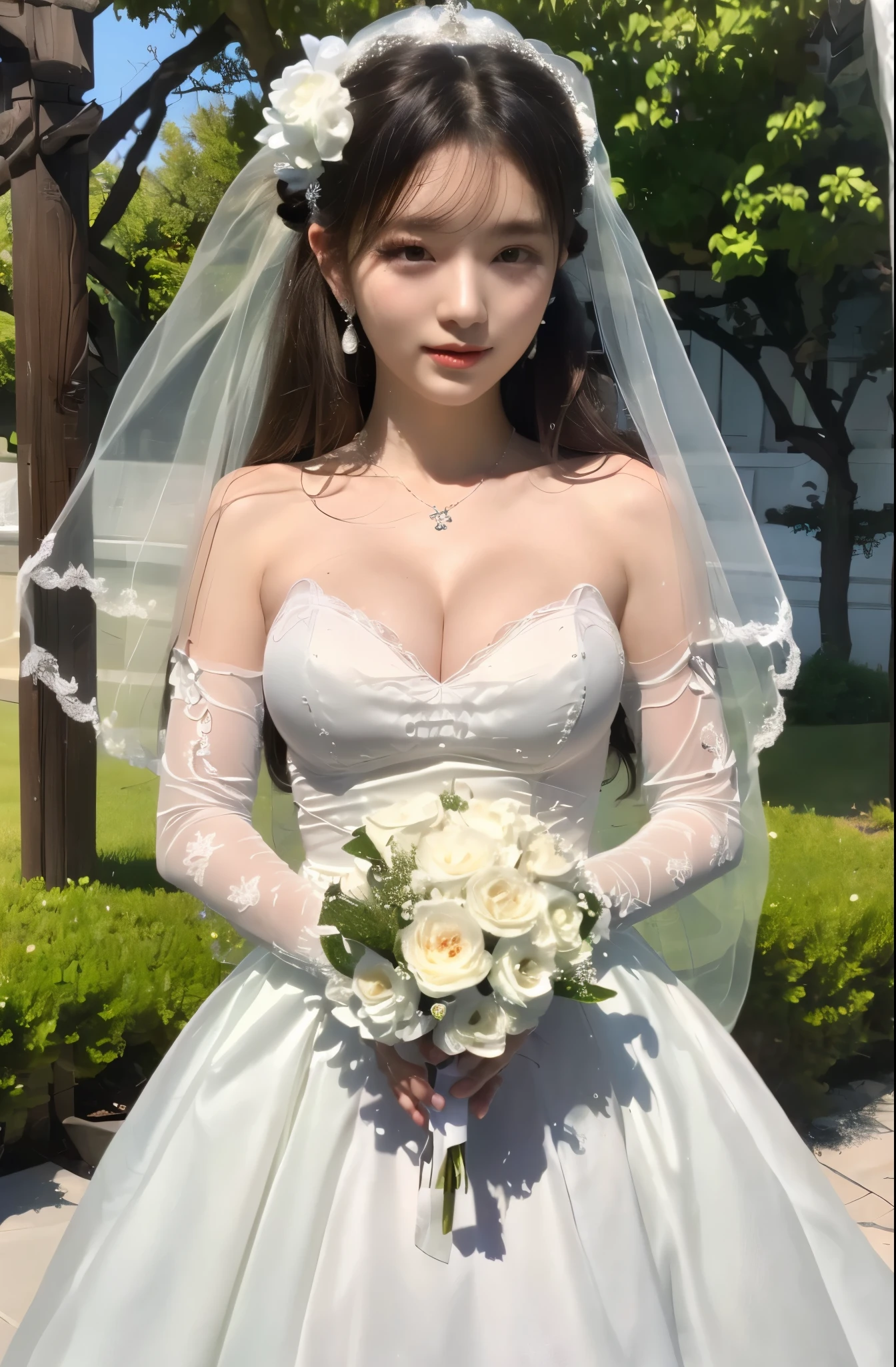 8k ultra high definition, masterpiece, best quality, a beautiful girl, long hair, Impressive hairstyle,high resolution,
Close-up of beautiful bride wearing beautiful wedding dress,Gurwitz,(bridal veil:1.5），（Transparent short veil：1.5），Blushing face，Head flower，headgear，（tube top wedding dress：1.5），（strapless dress：1.2）,（Strapless wedding dress：1.5）,pure white dress，necklace，earrings，(large breasts:1.3)，Bangs，lipstick，（lace gloves：1.3）,Half-length photo,High detail RAW color art,Long white dress,xiao_wu,
（Long double ponytail：1.5）,
(double bun hair:1.5), black hair