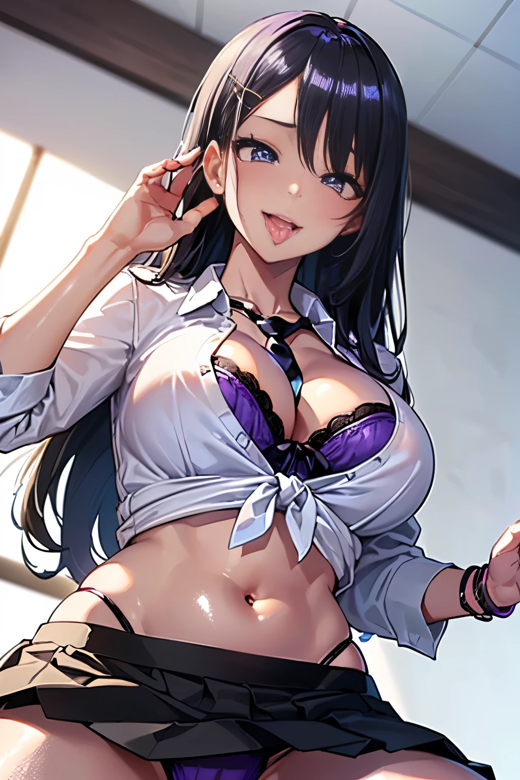 (underboob:1.8、((from below:1.2))、standing with legs apart、 1 cute girl, highest quality、ウルトラ - High resolution、High resolution、Detailed CG、8k unit wallpaper、20-year-old、beautiful and detailed eyes,long hair、(((Black and purple super shiny latex panties)))、((( black skin , Shirt with tie , cropped shirt , pleated skirt , cleavage ,)))、(shiny body,:1.5)、 please be shy、(Ahegao:1.5)、(Stick out your tongue and drool)、crazy smile