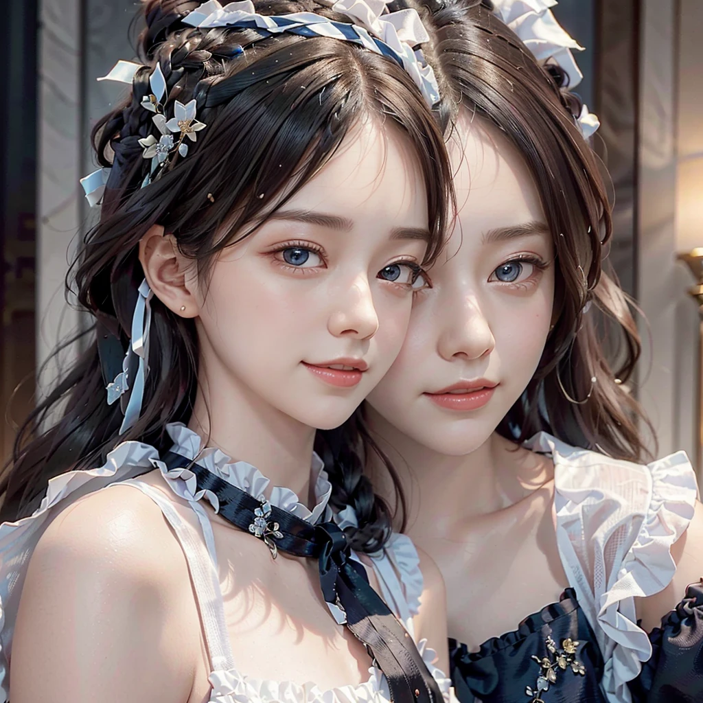 best quality, ultra hi res, photoreaslistic, a photography of a beautiful woman, 12yo young girl, detailed face, black Bubble ponytail, (detailed porcelain doll,delicate clothes with a lot of frills and ribbons), Mansion living room, (face close up), seductive look, looking at viewer
