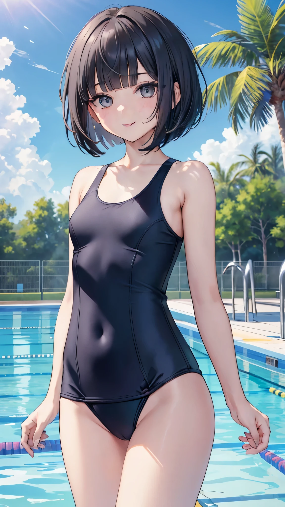 (8K、Highest image quality、highest quality、masterpiece)、detailed face、1 girl、black hair、bob cut、blunt bangs、gray eyes、evil smile、small breasts、one-piece swimsuit、cowboy shot、Blue sky、background a pool