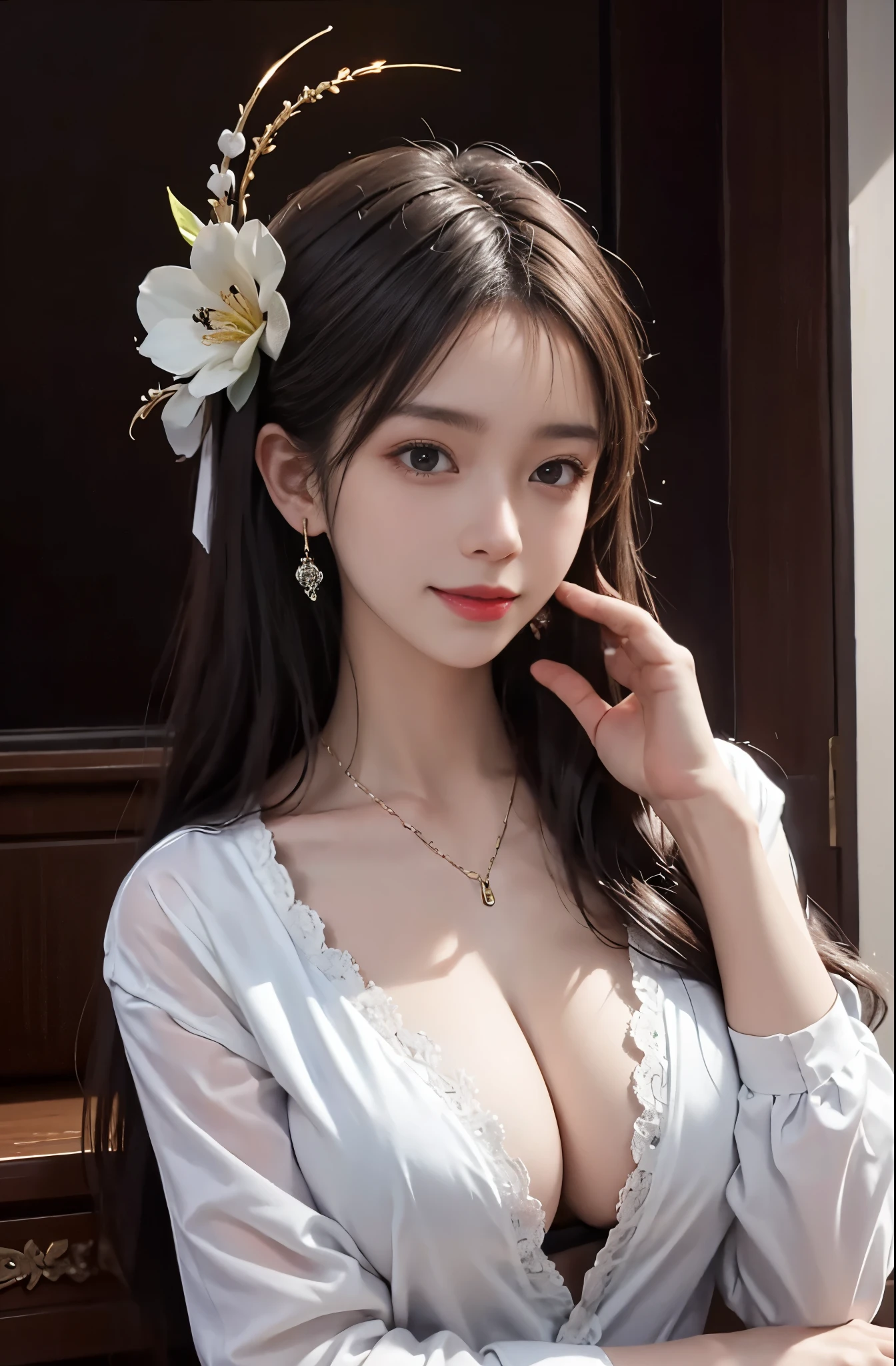 8K Ultra HD, table top, highest quality, beautiful girl, long hair, Beautiful necklaces, beautiful earrings, beautiful hair ornament, girl, smile, Sexy, big breasts, cinematic lighting
