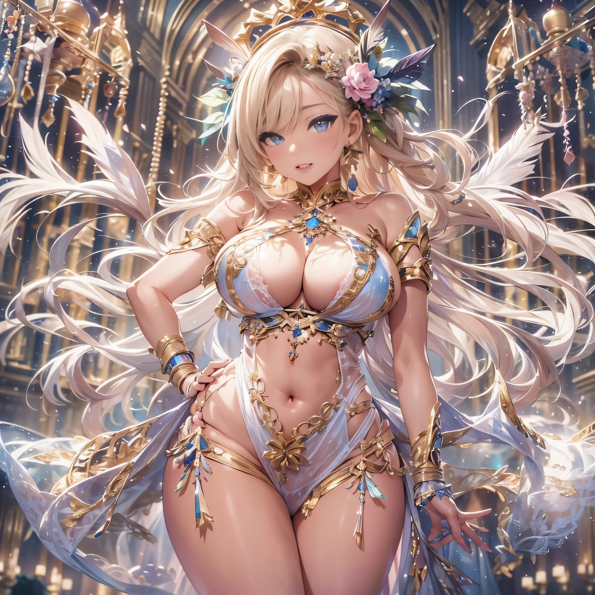 beautiful美しさ, 3D two-dimensional, rich, blonde, skirt, stockings, high heels, poison、star、star、(Highly detailed CG Unity 8K wallpaper),(masterpiece), (最high quality), (Super detailed), (best illustrations),(best shadow), (sharp eyeliner, eye shadow, fine eye:1.1), (超High resolution,realistic,最high quality,realistic),(8K,RAW photo,最high quality,マstarプル),mature woman、sensual curves、huge breasts、thighs、bubble、お尻のmasterpiece, 最high quality, Super detailed, full body shot, mature woman, beautiful mature woman, nightgown and underwear, enchanting smile, thick lips, Chubby lips, blush, looking at the viewer, provocative expression, beautiful髪型, cleavage, Plump、curvy hips、attractive face、sexy lingerie、an inviting gaze、Expression of emotions、Lewd underwear、(((erotic see-through lingerie set)))、Standing position、gorgeous accessories 、big breastsの女性, bare shoulders, golden hair, colored feather, metal ornaments, colored flowers, particle, light, (masterpiece, 最high quality, 最high quality, official art, beautiful and aesthetic:1.2), (1 girl:1.3), very detailed,(fractal art:1.1),(colorful:1.1)、(flowers:1.3),most detailed,(zentangle:1.2), (dynamic pose), (abstract background:1.3), (shiny skin), (lots of colors :1.4), ,(earrings:1.4), (feather:1.4),masterpiece, 最high quality, Super detailed, 30~40 years, full body shot, beautiful 、various hairstyles，gold headband，plump breasts，beautiful butt，greek clothing，Tulle covers the breasts，perfectly proportioned, detailed clothing details,marble，god statue，cinematic lighting, film grain, Fuji color, 8K, masterpiece, Super detailed, high detail, high quality, High resolution,(((NSFW:1.2)))、exposed chest、Openwork decoration，(((see through dress)))、(((anatomically correct body))) , 最high quality, Super detailed, (((Lewd underwear)))、raise your butt, from below, (((R-18)))、Hakari、thighs, big breasts, Are standing, cowboy shot, blush, (((1 girl))), (masterpiece:1.3), (High resolution), (8K), (very detailed), perfect face, Nice eye and face, (((最high quality))), (Super detailed), detailed face and eye, (alone), High resolution、beautifuleye,(((sexy pose)))、(((整ったbig breasts)))、((beautiful eye))、luxury、(((超High resolution)))、(((detailed description)))、(((Chubby body type)))、(((Body parts that match the anatomy)))、beautiful長いまつ毛、balanced figure、２book arm、2 feet、Just the right size for your legs and arms、Fishnet tights、glamorous、(((Clear white and black eye)))、lipstick、Sparkling、Undistorted face, eye, and body、jewelry、gem
