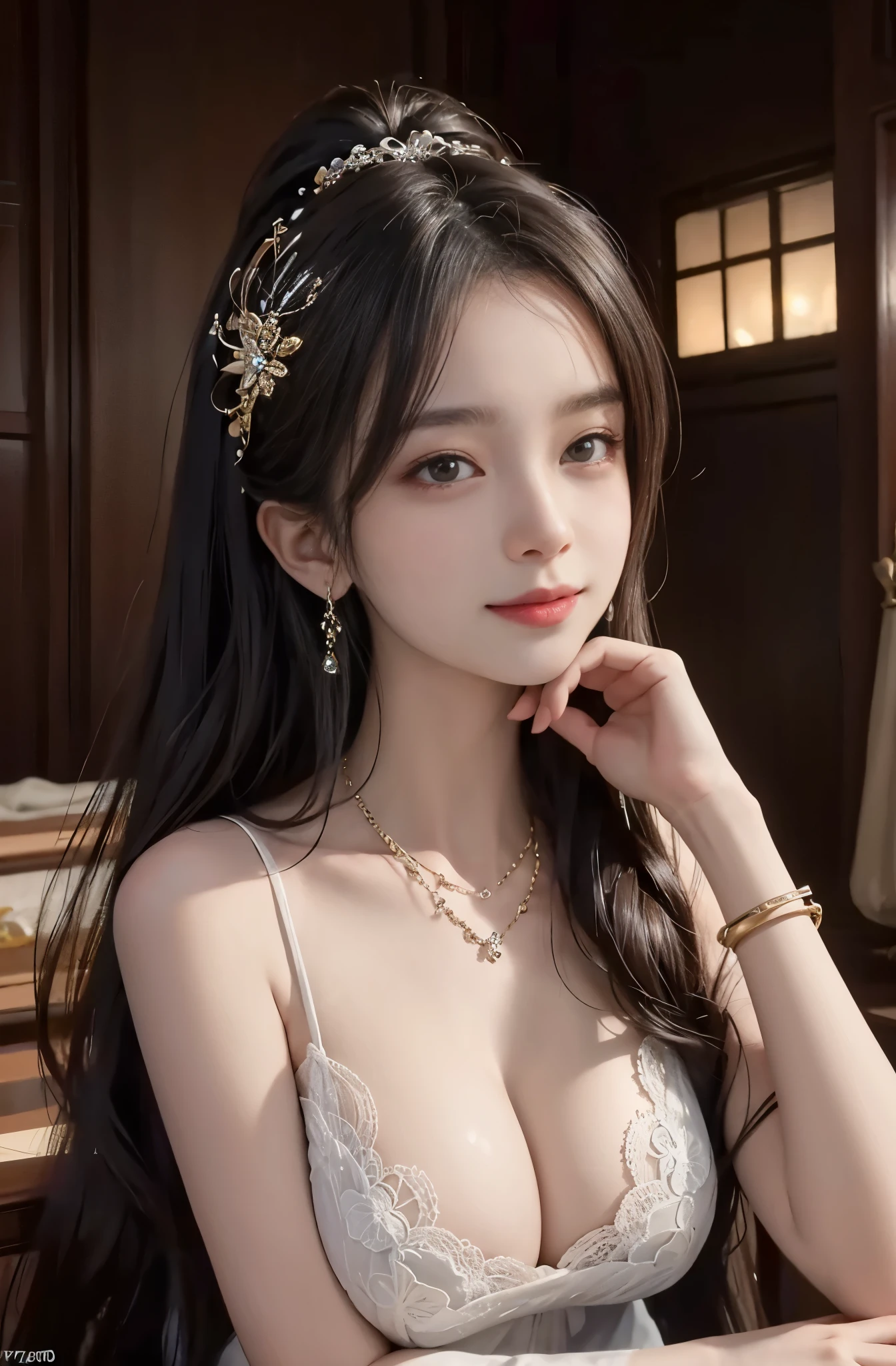 8K Ultra HD, table top, highest quality, beautiful girl, long hair, Beautiful necklaces, beautiful earrings, beautiful hair ornament, 17 year old girl, smile, Sexy, big breasts, cinematic lighting