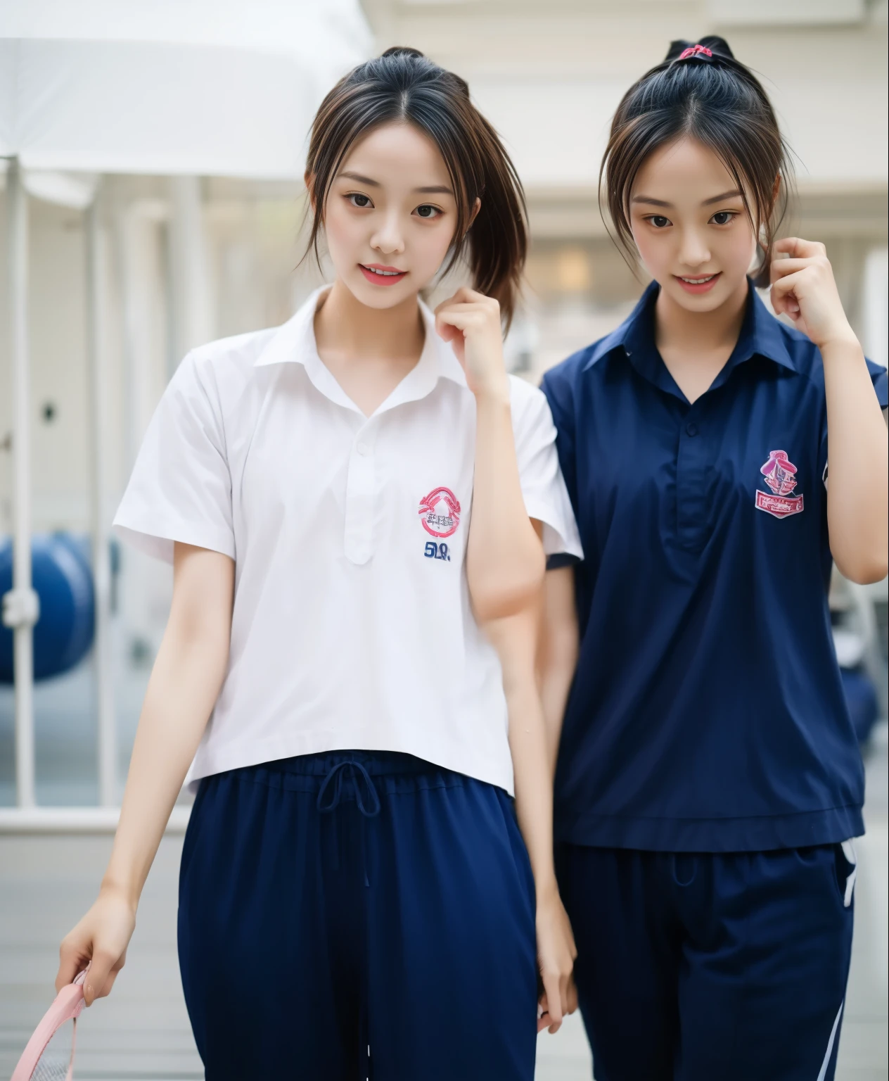Two girls playing badminton in the gym, Navy blue short-sleeved shirt,Navy Long Trackpant,Sweatpants, Sweatpantsขายาว,25 year old girl, lesbian, sexy, exercise clothes, wet body, exercise clothes